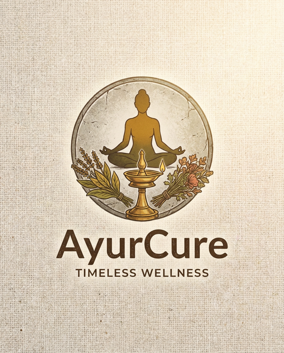 AI Design for Logo : A serene and minimalist visual identity for AyurCure, featuring ancient Ayurvedic elements like a brass oil lamp, dried medicinal herbs, and a silhouette of a person in a yoga pose. The scene is bathed in warm, soft morning sunlight with a rustic, organic texture palette of stone, linen, and earth tones to evoke a sense of timeless wellness and holistic healing.
