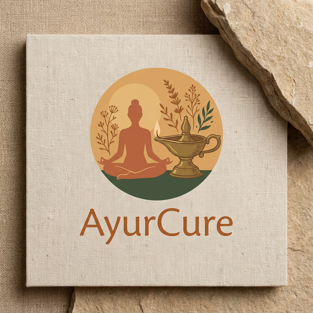 AI Design for Logo : A serene and minimalist visual identity for AyurCure, featuring ancient Ayurvedic elements like a brass oil lamp, dried medicinal herbs, and a silhouette of a person in a yoga pose. The scene is bathed in warm, soft morning sunlight with a rustic, organic texture palette of stone, linen, and earth tones to evoke a sense of timeless wellness and holistic healing.