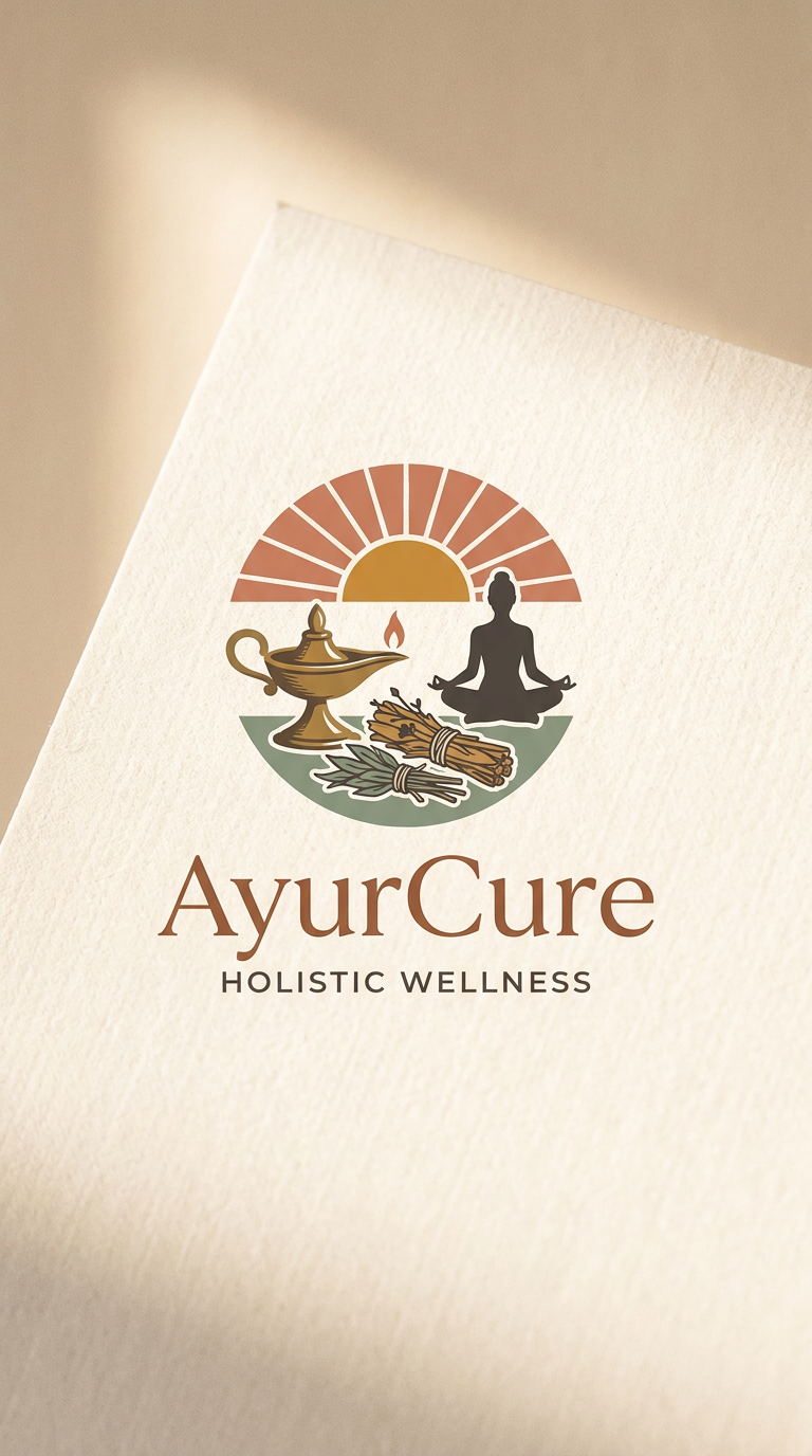 AI Design for Logo : A serene and minimalist visual identity for AyurCure, featuring ancient Ayurvedic elements like a brass oil lamp, dried medicinal herbs, and a silhouette of a person in a yoga pose. The scene is bathed in warm, soft morning sunlight with a rustic, organic texture palette of stone, linen, and earth tones to evoke a sense of timeless wellness and holistic healing.