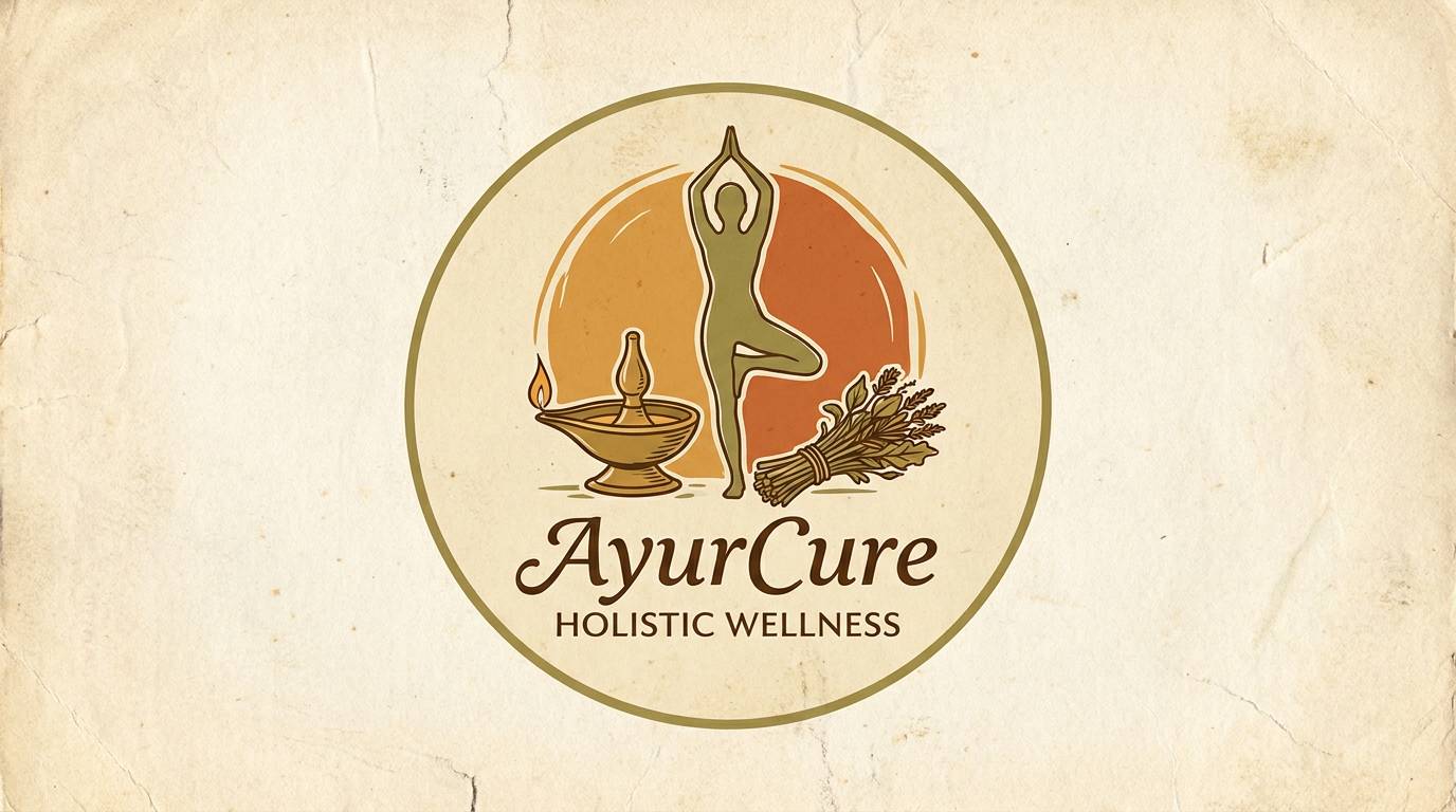 AI Design for Logo : A serene and minimalist visual identity for AyurCure, featuring ancient Ayurvedic elements like a brass oil lamp, dried medicinal herbs, and a silhouette of a person in a yoga pose. The scene is bathed in warm, soft morning sunlight with a rustic, organic texture palette of stone, linen, and earth tones to evoke a sense of timeless wellness and holistic healing.