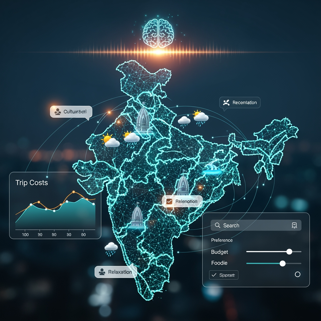 AI Design for Project Objective

To build an AI-powered travel planning platform that helps users discover destinations within their budget, estimate trip costs, generate complete travel itineraries, consider weather conditions, and receive personalized recommendations based on their interests and travel preferences.

The goal is to simplify travel planning in India by combining Artificial Intelligence, location intelligence, transportation data, weather insights, and budget optimization into a single user-friendly platform.