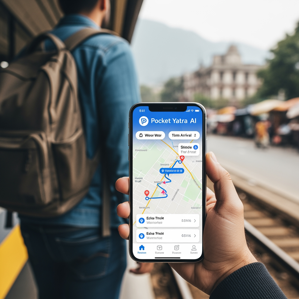 AI Design for I PERSON IS TRAVELLING FROM ONE PLACE ANOTHER AND HIS IS USING POCKET YATRA AI