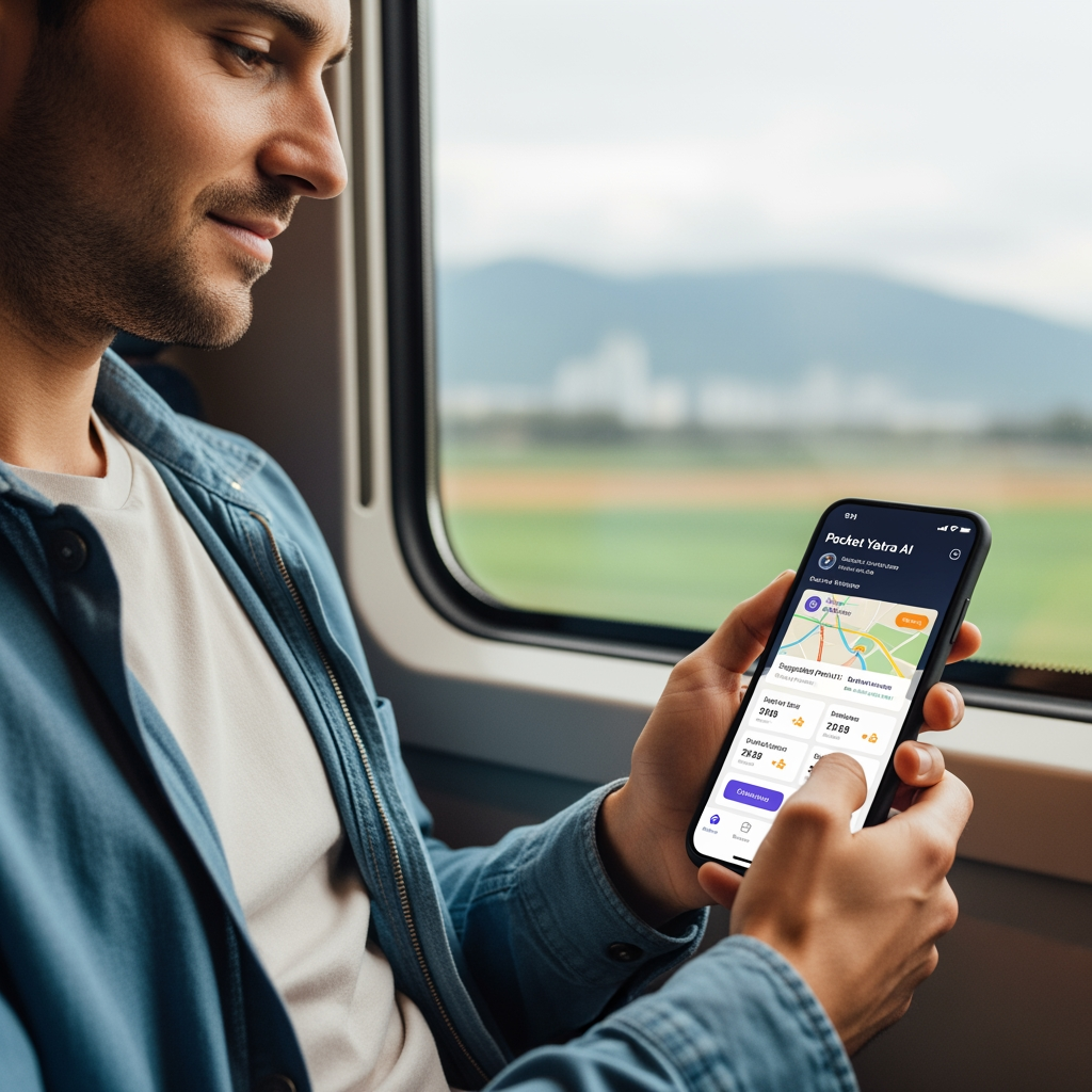 AI Design for I PERSON IS TRAVELLING FROM ONE PLACE ANOTHER AND HIS IS USING POCKET YATRA AI