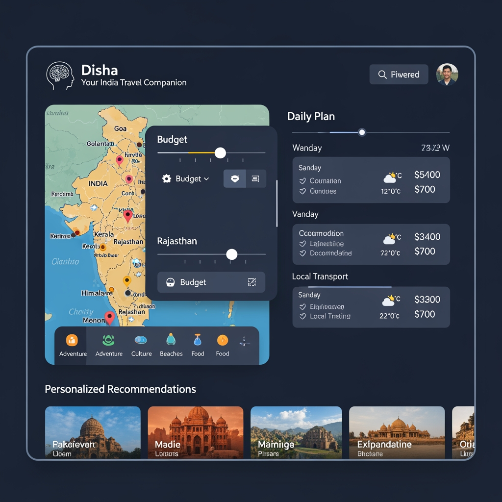 AI Design for Project Objective

To build an AI-powered travel planning platform that helps users discover destinations within their budget, estimate trip costs, generate complete travel itineraries, consider weather conditions, and receive personalized recommendations based on their interests and travel preferences.

The goal is to simplify travel planning in India by combining Artificial Intelligence, location intelligence, transportation data, weather insights, and budget optimization into a single user-friendly platform.