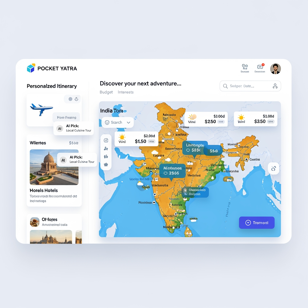 AI Design for Project Objective

To build an AI-powered travel planning platform that helps users discover destinations within their budget, estimate trip costs, generate complete travel itineraries, consider weather conditions, and receive personalized recommendations based on their interests and travel preferences.

The goal is to simplify travel planning in India by combining Artificial Intelligence, location intelligence, transportation data, weather insights, and budget optimization into a single user-friendly platform.

NAME OF COMPANY IS POCKET YATRA