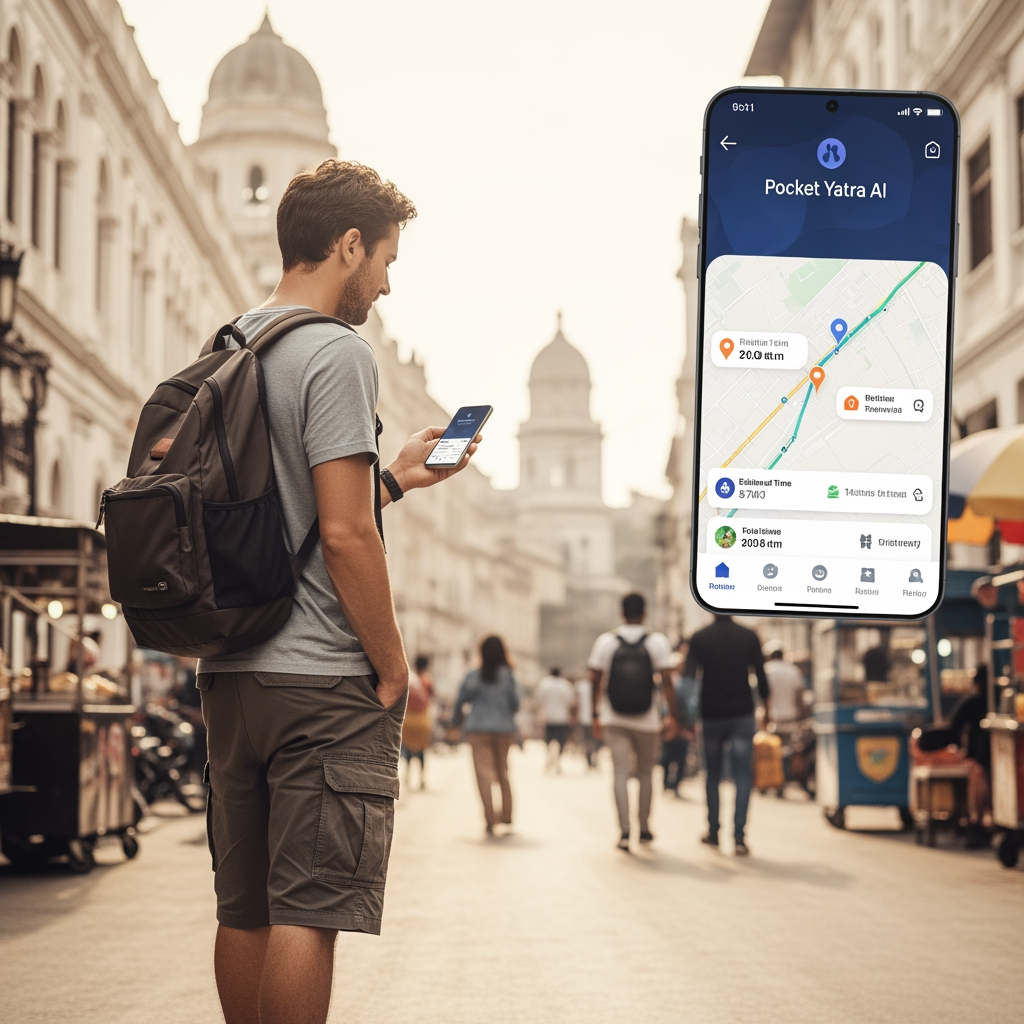 AI Design for I PERSON IS TRAVELLING FROM ONE PLACE ANOTHER AND HIS IS USING POCKET YATRA AI