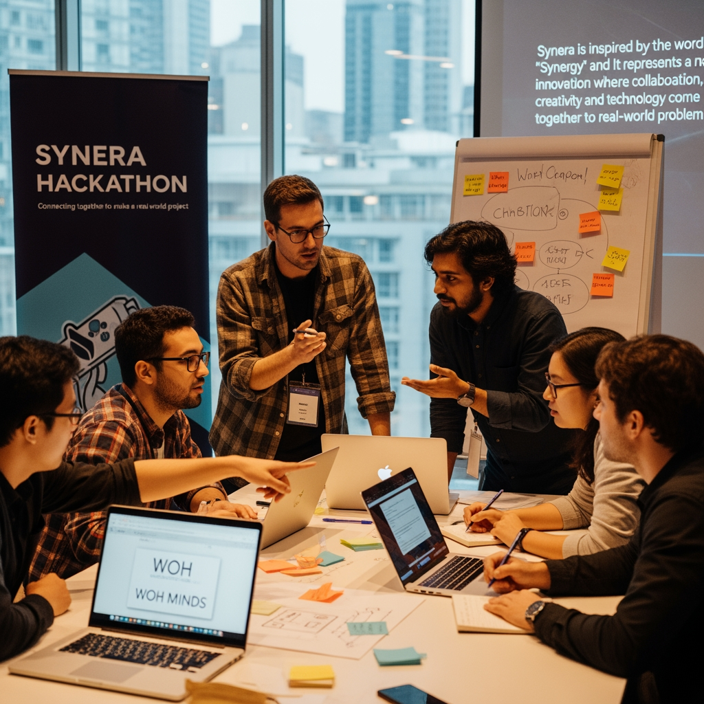 AI Design for Synera hackathon team woh minds connetcings together to make a real world project "Synera is inspired by the words 'Synergy' and 'Era'. It represents a new era of innovation where collaboration, creativity, and technology come together to solve real-world problems."