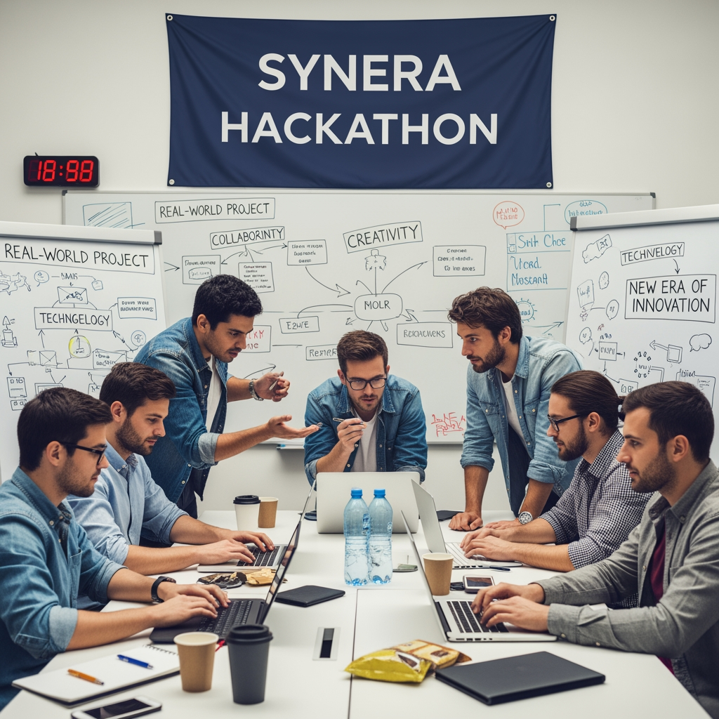 AI Design for Synera hackathon team woh minds connetcings together to make a real world project "Synera is inspired by the words 'Synergy' and 'Era'. It represents a new era of innovation where collaboration, creativity, and technology come together to solve real-world problems."