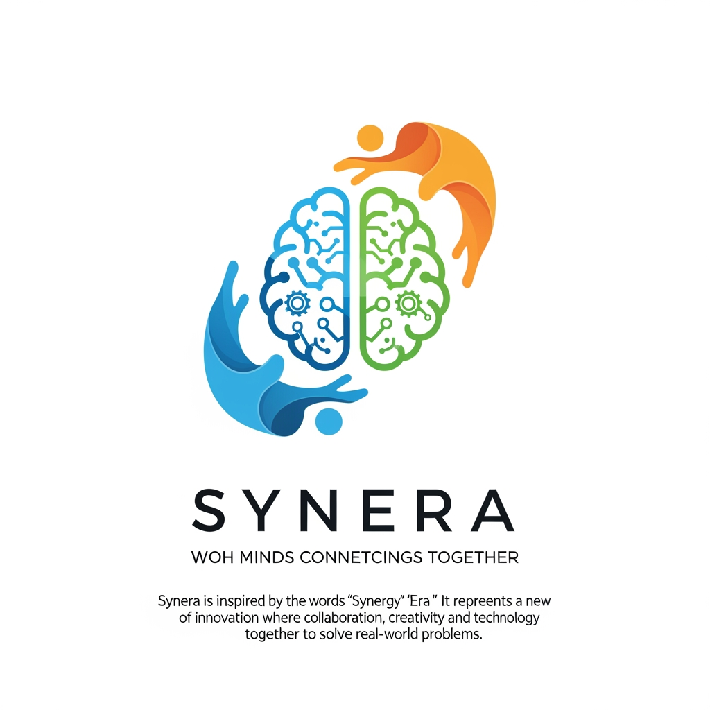 AI Design for Synera hackathon team woh minds connetcings together to make a real world project "Synera is inspired by the words 'Synergy' and 'Era'. It represents a new era of innovation where collaboration, creativity, and technology come together to solve real-world problems." Broo so we have to design logo for that team