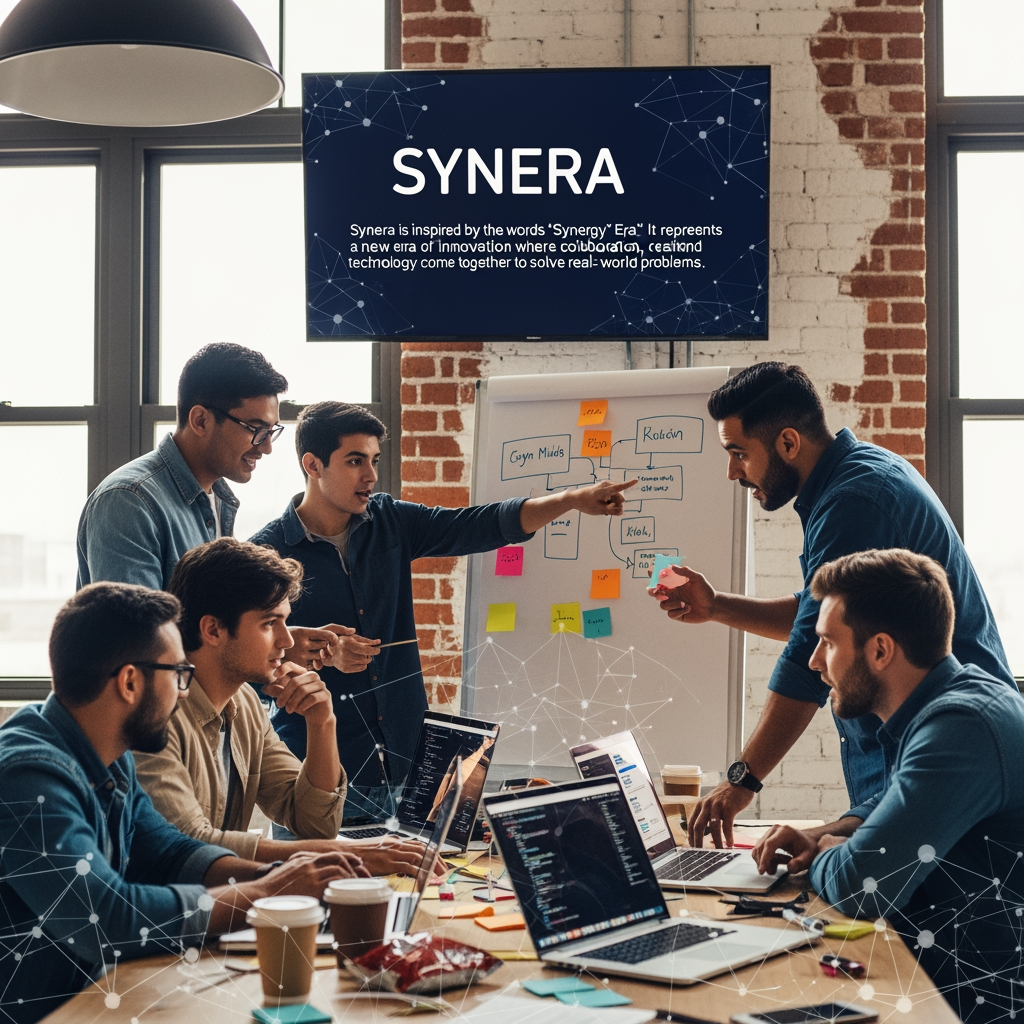 AI Design for Synera hackathon team woh minds connetcings together to make a real world project "Synera is inspired by the words 'Synergy' and 'Era'. It represents a new era of innovation where collaboration, creativity, and technology come together to solve real-world problems."