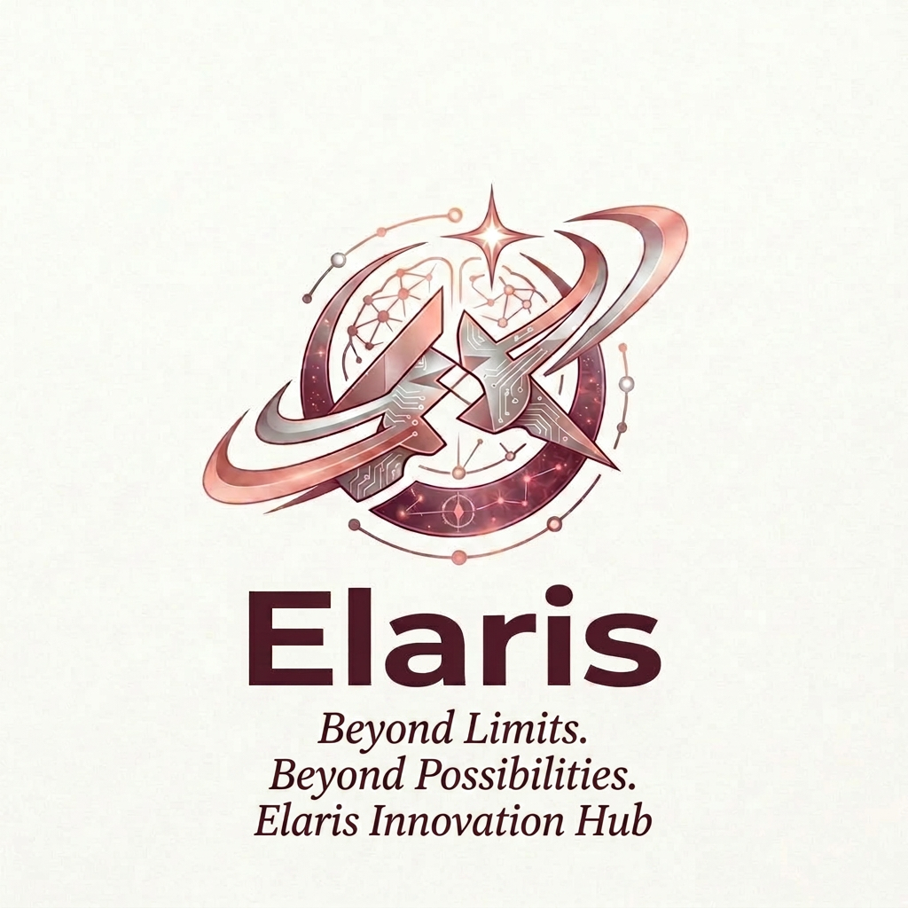 AI Design for Elaris hackathon team woh minds connetcings together to make a real world project "Elaris represents the idea of reaching beyond limits, just as stars illuminate the path forward. It symbolizes growth, innovation, and the pursuit of excellence." Broo so we have to design logo for that team. Something which will look good as a logo and will look innovate as well as aestheticn....somethings can be taken from reference pic jo phto h usme bsneeche jo innovation hub and hackthon team and all given h usse hta do bhaii aur yrr hum yeh human ki jagah kuch aur rkh skte h kya and bhaii background htana mean hackathon vibe hii rkhna ek baar jo neeche likha h hta do Beyond Limits. Beyond Possibilities.yeh add krdo