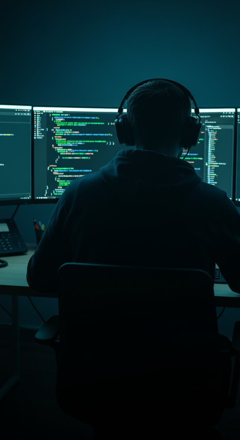 AI Design for "A cinematic wide shot from behind of a young man sitting at a modern desk, working intensely on a computer setup with three curved monitors displaying lines of code in green, blue, and white syntax highlighting. He wears a dark hoodie and over-ear headphones, viewed from directly behind so his face is not visible — only his silhouette and the back of his head are shown. The room is dark and moody, lit primarily by the cool blue glow of the monitor screens, creating dramatic rim lighting on his shoulders and headphones. The desk is minimal light wood, with a wireless mouse and a small desk phone visible. Atmosphere is professional, focused, and tech-noir — evoking a software developer, programmer, or ethical hacker at work late at night. Shallow depth of field, sharp focus on the monitors and silhouette, soft vignette around the edges. Ultra-realistic, high detail, 8K quality, shot on a full-frame camera with a 35mm lens, moody cinematic color grading (teal and dark navy tones)."