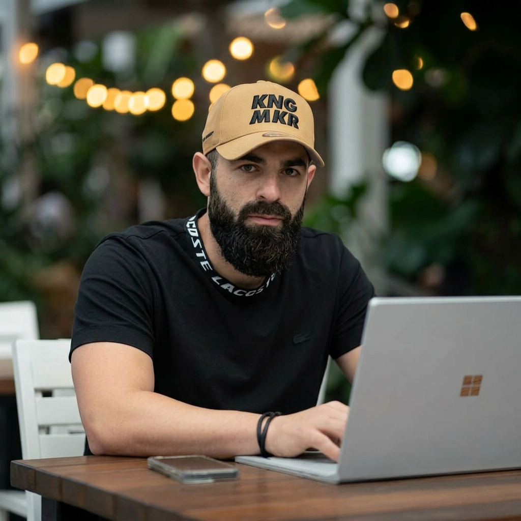 AI Design for "Professional cinematic portrait of a man in his late 20s with a thick black beard, wearing a tan/khaki baseball cap and a black t-shirt, sitting at a wooden table outdoors at night, looking directly at the camera, laptop open in front of him with hands resting on the keyboard, smartphone placed on the table nearby. Background is dark and blurred with warm bokeh lights (string lights, string bulbs, soft orange and green blurred light spots) suggesting a cozy outdoor café or restaurant setting. Shallow depth of field, sharp focus on face and hands, soft natural rim lighting on face, shadows giving depth. Shot on a DSLR with 85mm lens, f/1.8 aperture, premium editorial photography style, high resolution, realistic skin texture, moody and professional atmosphere, 4k, ultra-detailed."
