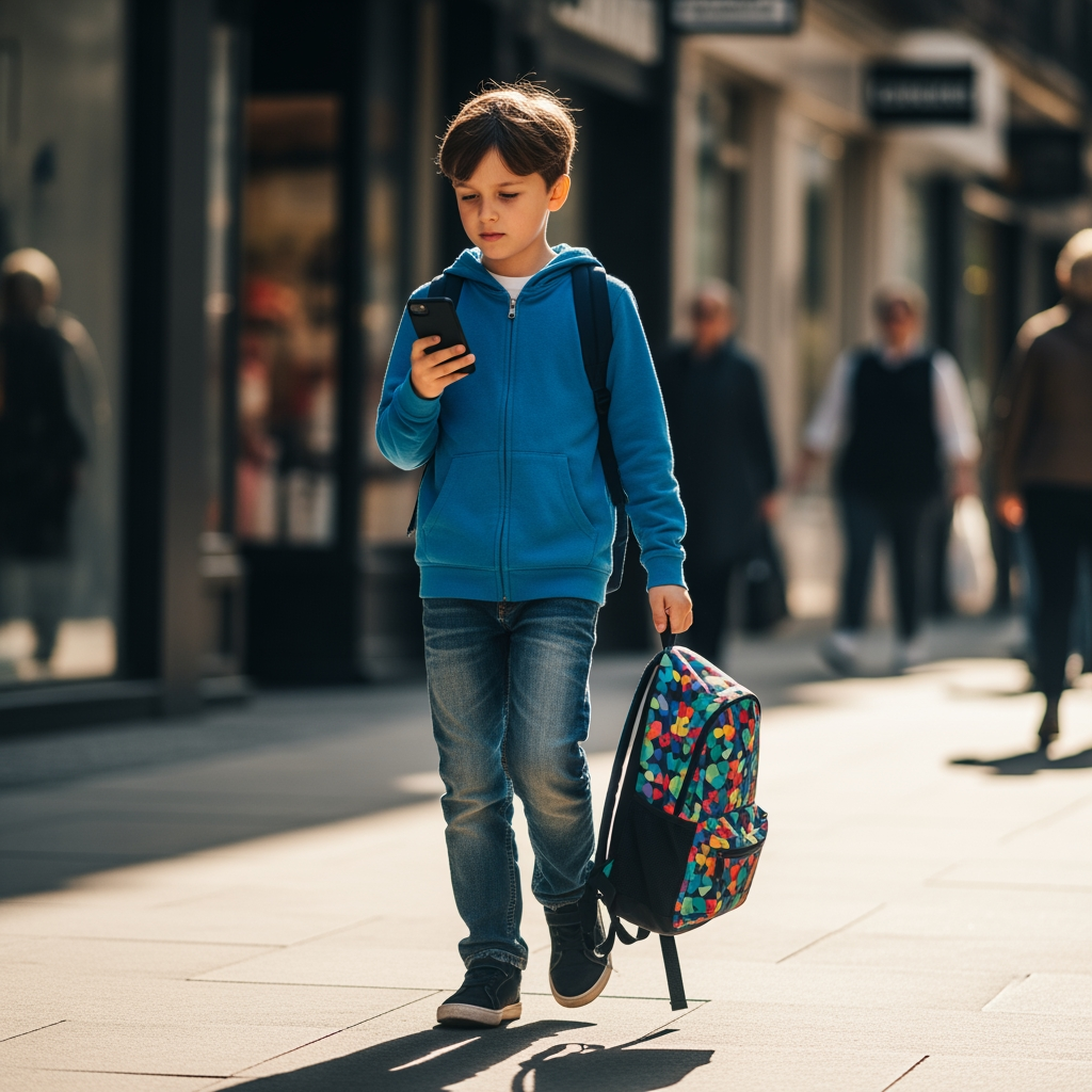 AI Design for a boy using a phone on one hand and holding a bag on another hand