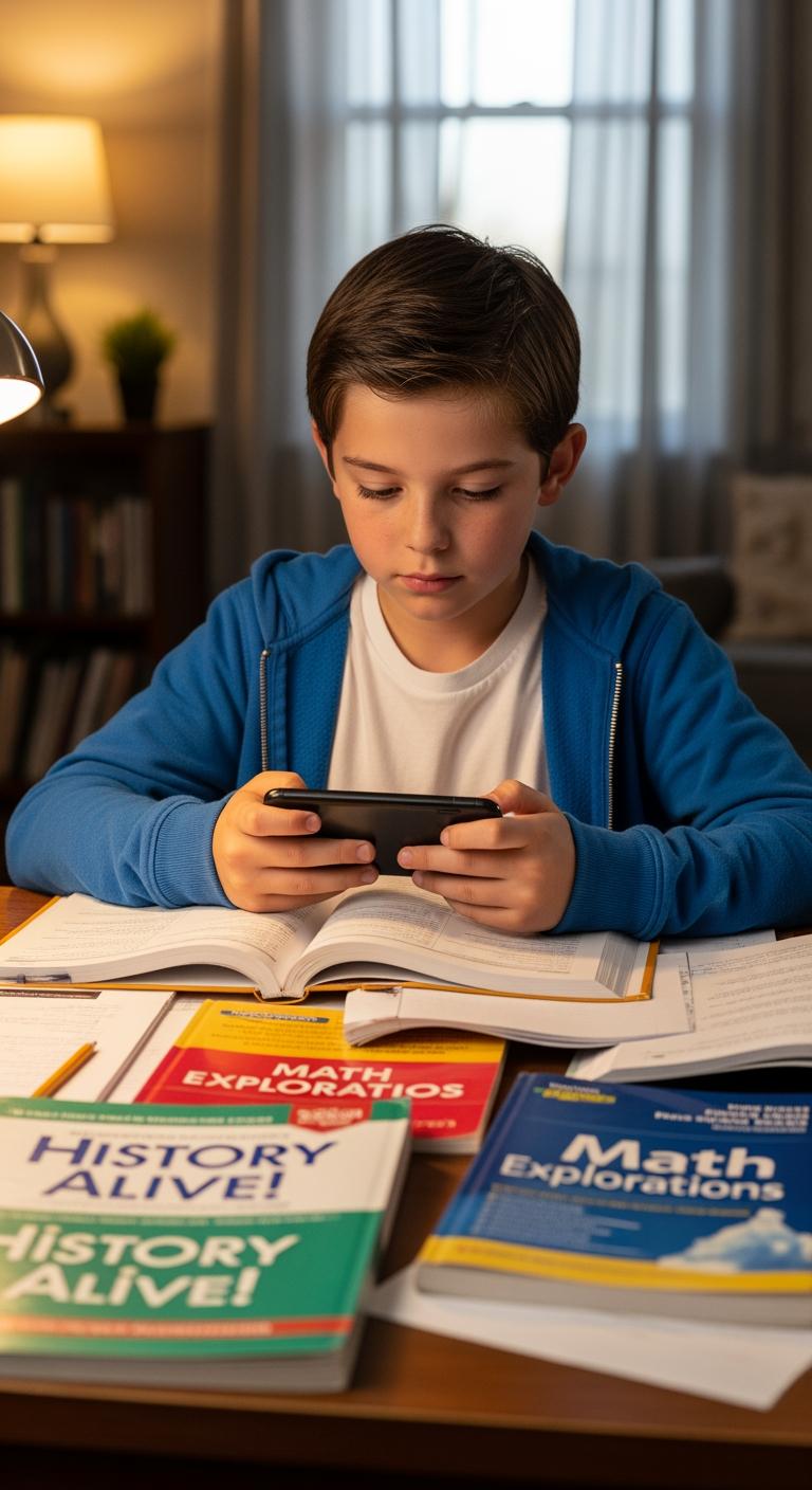 AI Design for make a image where a boy using phone and have some books infront of him