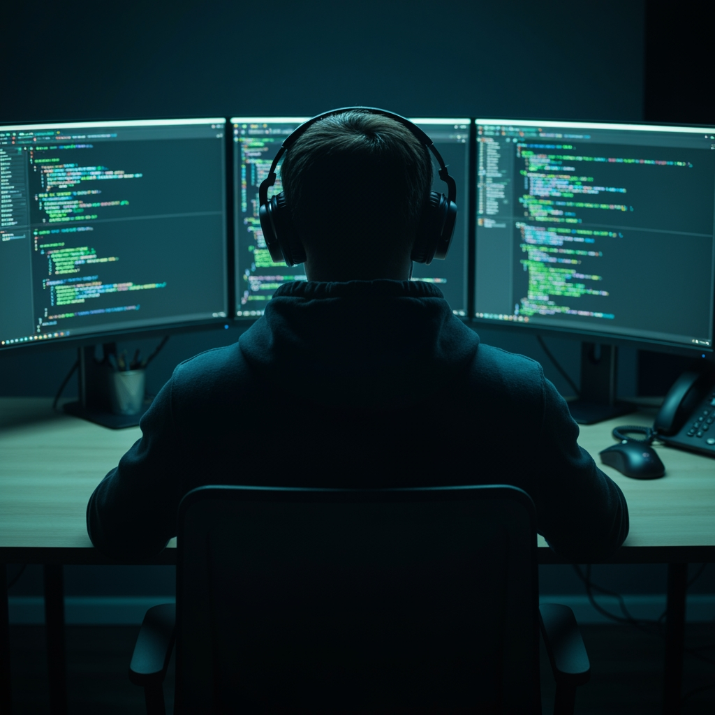 AI Design for "A cinematic wide shot from behind of a young man sitting at a modern desk, working intensely on a computer setup with three curved monitors displaying lines of code in green, blue, and white syntax highlighting. He wears a dark hoodie and over-ear headphones, viewed from directly behind so his face is not visible — only his silhouette and the back of his head are shown. The room is dark and moody, lit primarily by the cool blue glow of the monitor screens, creating dramatic rim lighting on his shoulders and headphones. The desk is minimal light wood, with a wireless mouse and a small desk phone visible. Atmosphere is professional, focused, and tech-noir — evoking a software developer, programmer, or ethical hacker at work late at night. Shallow depth of field, sharp focus on the monitors and silhouette, soft vignette around the edges. Ultra-realistic, high detail, 8K quality, shot on a full-frame camera with a 35mm lens, moody cinematic color grading (teal and dark navy tones)."