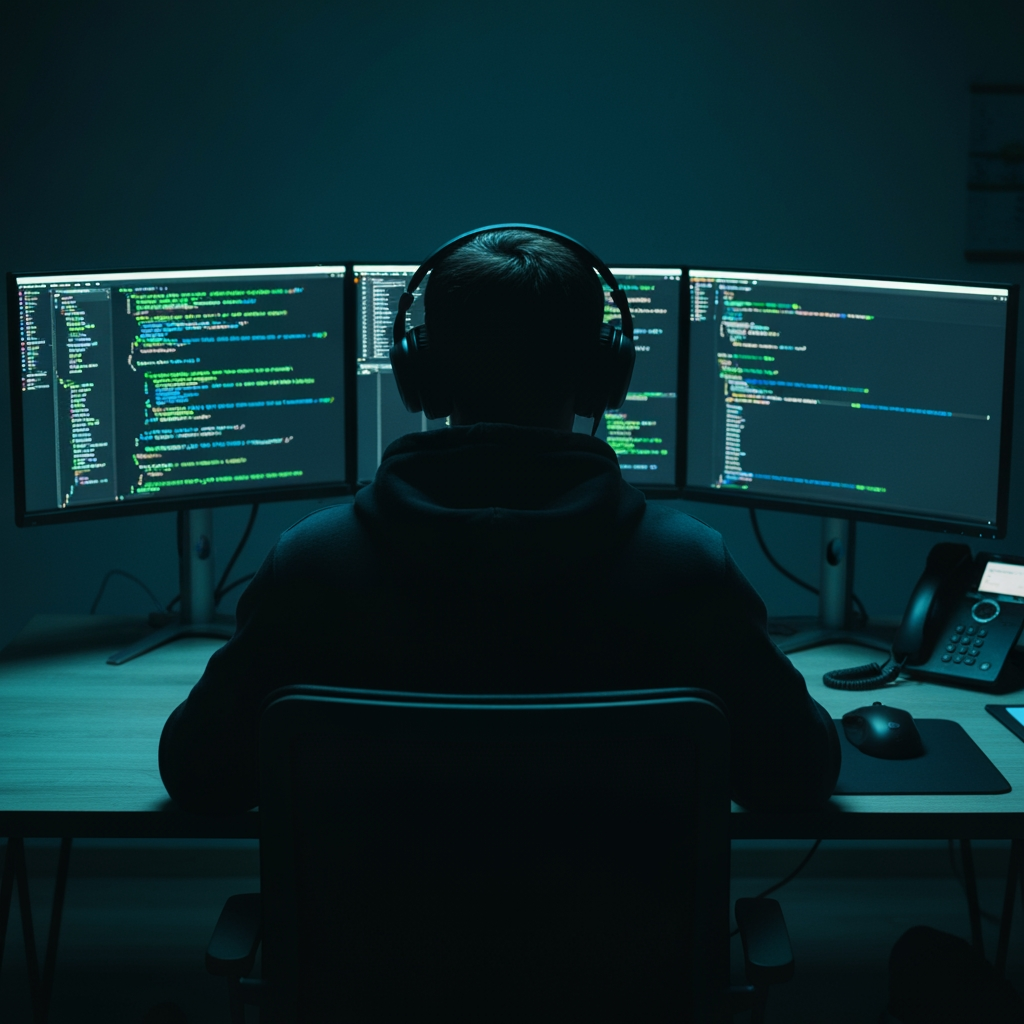 AI Design for "A cinematic wide shot from behind of a young man sitting at a modern desk, working intensely on a computer setup with three curved monitors displaying lines of code in green, blue, and white syntax highlighting. He wears a dark hoodie and over-ear headphones, viewed from directly behind so his face is not visible — only his silhouette and the back of his head are shown. The room is dark and moody, lit primarily by the cool blue glow of the monitor screens, creating dramatic rim lighting on his shoulders and headphones. The desk is minimal light wood, with a wireless mouse and a small desk phone visible. Atmosphere is professional, focused, and tech-noir — evoking a software developer, programmer, or ethical hacker at work late at night. Shallow depth of field, sharp focus on the monitors and silhouette, soft vignette around the edges. Ultra-realistic, high detail, 8K quality, shot on a full-frame camera with a 35mm lens, moody cinematic color grading (teal and dark navy tones)."
