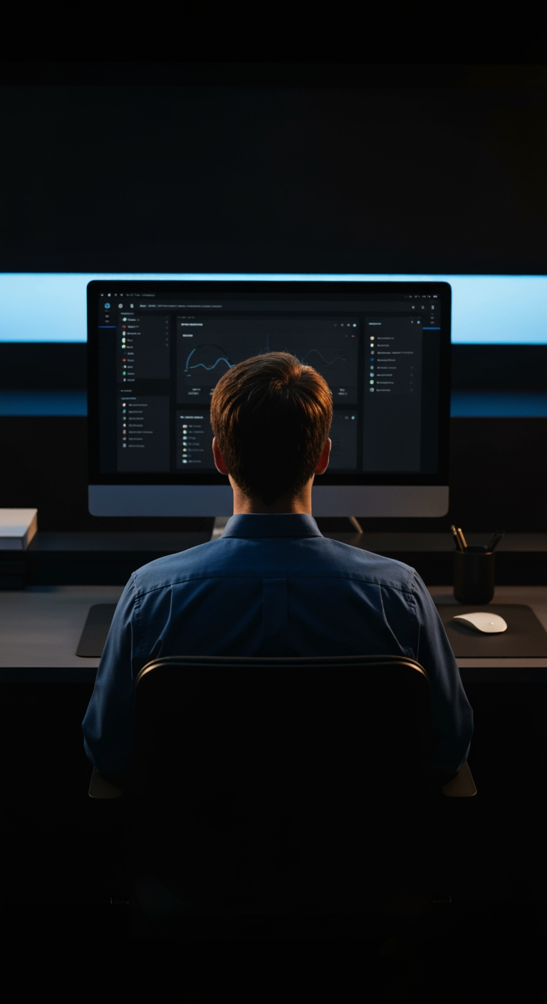 AI Design for A cinematic vertical 9:16 photograph of a young professional man sitting at a modern desk, viewed from behind, looking directly at a large computer monitor. He is wearing a clean dark blue shirt, realistic natural posture, focused on the screen. The computer setup is minimal and premium, with a large monitor displaying a sophisticated dark-themed software dashboard with subtle charts and UI elements. Modern dark workspace, black and charcoal environment, soft blue ambient lighting from the monitor, subtle warm rim light around the subject, realistic shadows, shallow depth of field, cinematic lighting, premium technology advertisement aesthetic, clean composition, highly detailed, photorealistic, professional commercial photography, subtle film grain, realistic skin and hair, no visible logos, no text, no watermark. Camera positioned behind the person at shoulder height, centered composition, subject occupying the lower-middle of the frame, monitor clearly visible above him.