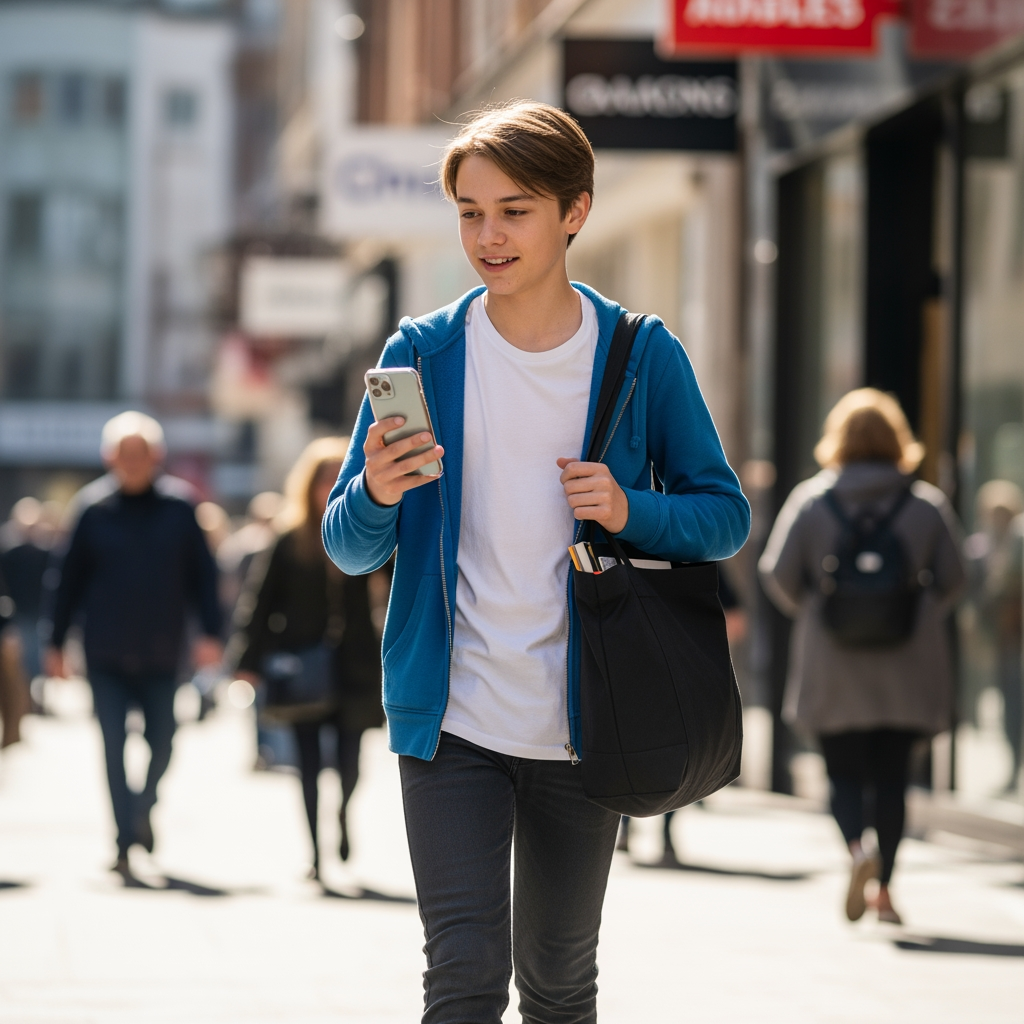 AI Design for a boy using a phone on one hand and holding a bag on another hand