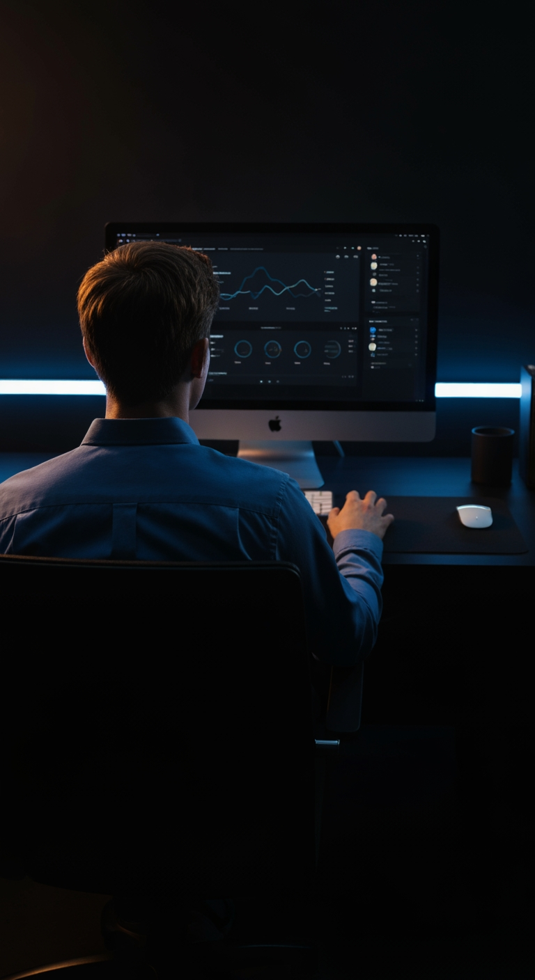 AI Design for A cinematic vertical 9:16 photograph of a young professional man sitting at a modern desk, viewed from behind, looking directly at a large computer monitor. He is wearing a clean dark blue shirt, realistic natural posture, focused on the screen. The computer setup is minimal and premium, with a large monitor displaying a sophisticated dark-themed software dashboard with subtle charts and UI elements. Modern dark workspace, black and charcoal environment, soft blue ambient lighting from the monitor, subtle warm rim light around the subject, realistic shadows, shallow depth of field, cinematic lighting, premium technology advertisement aesthetic, clean composition, highly detailed, photorealistic, professional commercial photography, subtle film grain, realistic skin and hair, no visible logos, no text, no watermark. Camera positioned behind the person at shoulder height, centered composition, subject occupying the lower-middle of the frame, monitor clearly visible above him.
