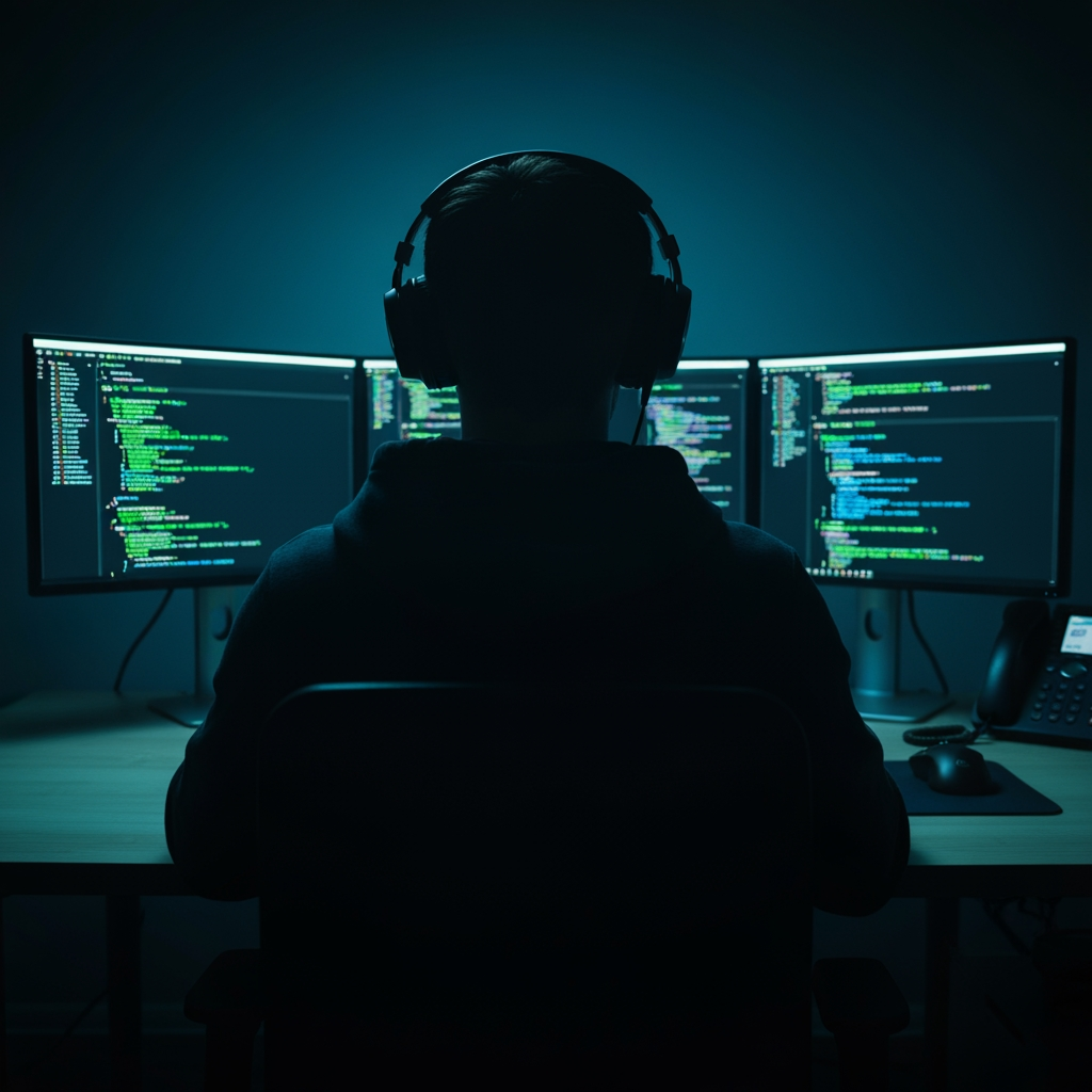 AI Design for "A cinematic wide shot from behind of a young man sitting at a modern desk, working intensely on a computer setup with three curved monitors displaying lines of code in green, blue, and white syntax highlighting. He wears a dark hoodie and over-ear headphones, viewed from directly behind so his face is not visible — only his silhouette and the back of his head are shown. The room is dark and moody, lit primarily by the cool blue glow of the monitor screens, creating dramatic rim lighting on his shoulders and headphones. The desk is minimal light wood, with a wireless mouse and a small desk phone visible. Atmosphere is professional, focused, and tech-noir — evoking a software developer, programmer, or ethical hacker at work late at night. Shallow depth of field, sharp focus on the monitors and silhouette, soft vignette around the edges. Ultra-realistic, high detail, 8K quality, shot on a full-frame camera with a 35mm lens, moody cinematic color grading (teal and dark navy tones)."