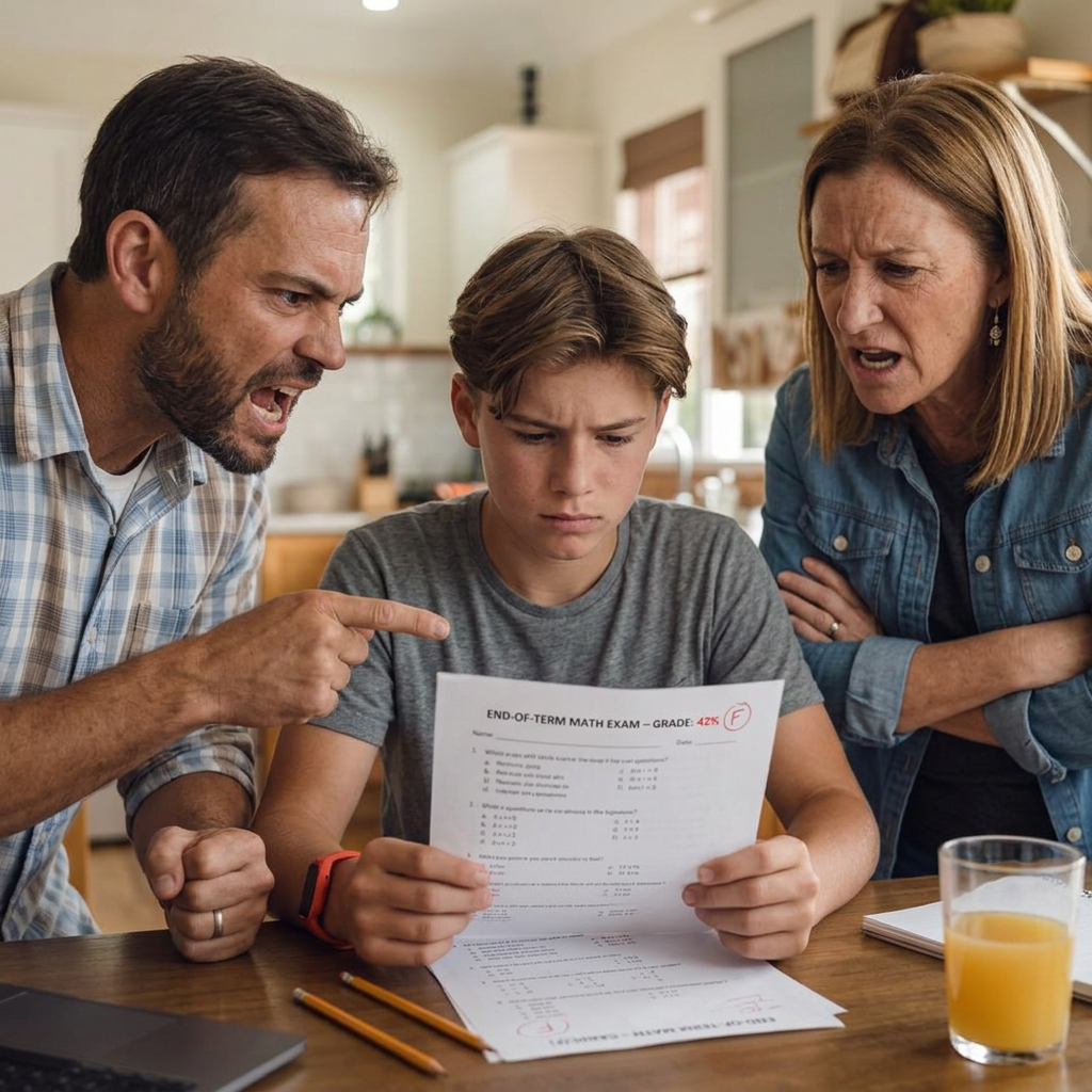 AI Design for make the image like; the boy on this image holding a exam shit pepar on hand and his mother and father from his side saying somthing very angrily,and make the boy age 15-20 retio; short  video retio