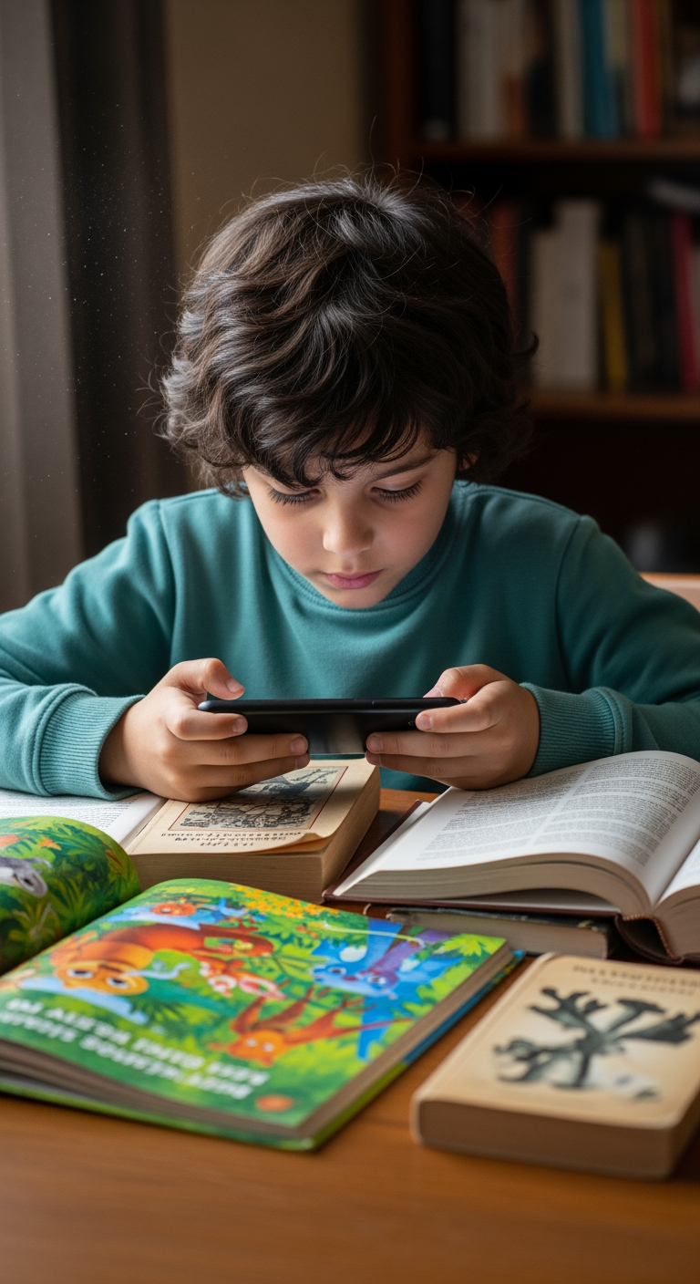 AI Design for make a image where a boy using phone and have some books infront of him