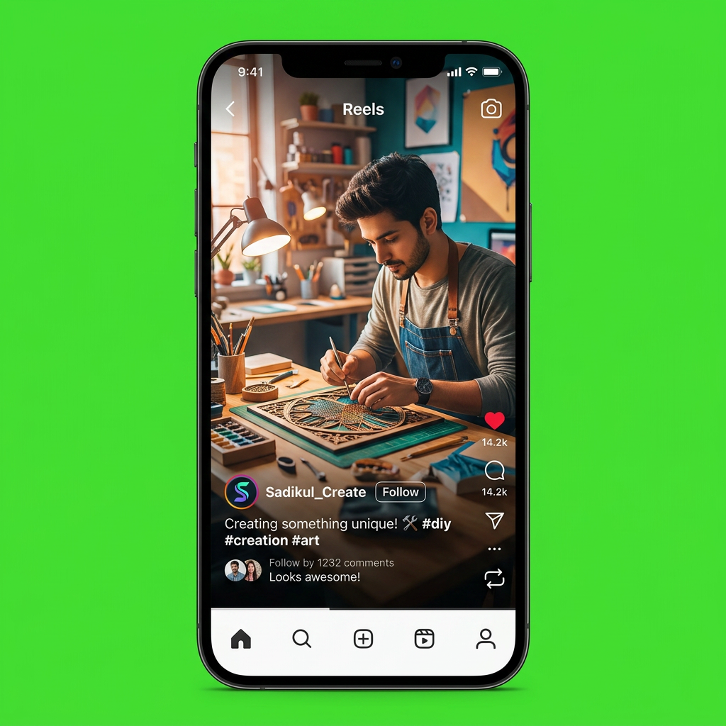 AI Design for make a instagram rell feed where are will like,comment,share,repost,caption,paje nameclearly visible paje name; Sadikul_Create it should be look so real like ig and bg will be green
