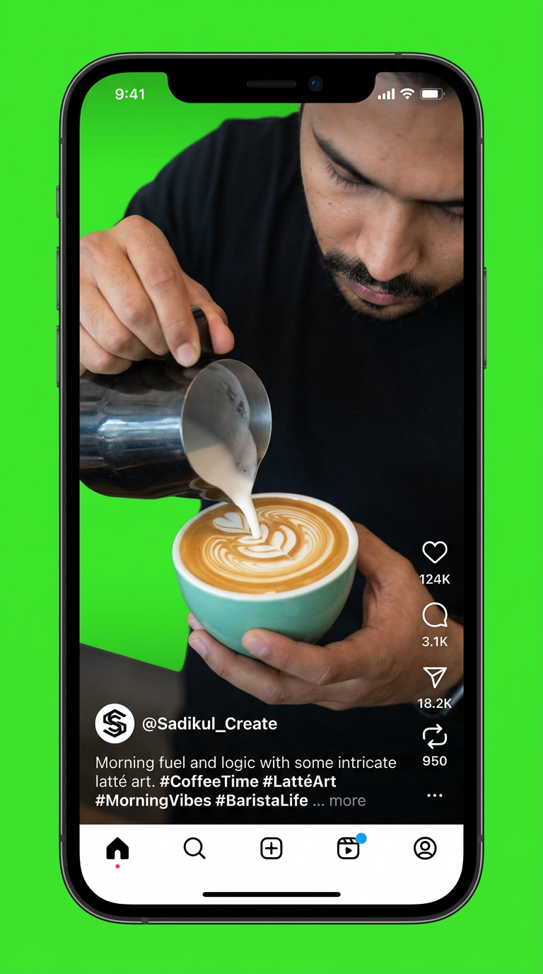 AI Design for make a instagram rell feed where are will like,comment,share,repost,caption,paje nameclearly visible paje name; Sadikul_Create it should be look so real like ig and bg will be green