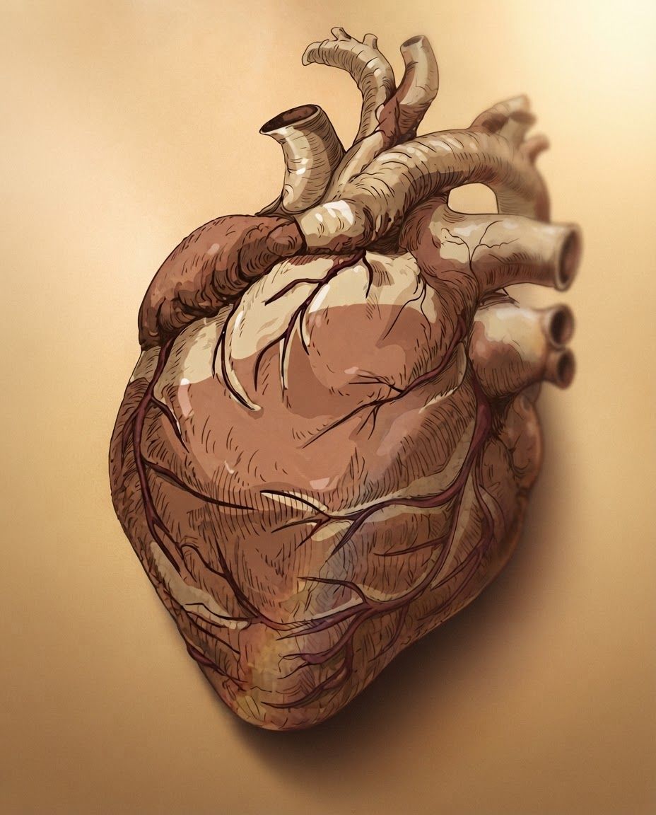 AI Design for A highly detailed vintage anatomical human heart illustration, hand-painted digital art with realistic organic textures, warm brown, burgundy and cream color palette, engraved medical illustration style, soft painterly brush strokes, subtle paper grain, cinematic warm lighting, shallow depth of field, soft blurred edges, premium editorial artwork, elegant beige gradient background, ultra high resolution, realistic veins and arteries, museum-quality anatomy illustration, minimal composition, luxury aesthetic, 8K, sharp focus on the heart, Adobe Illustrator + Procreate style, no text, no watermark.