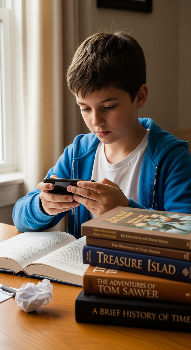 AI Design for make a image where a boy using phone and have some books infront of him