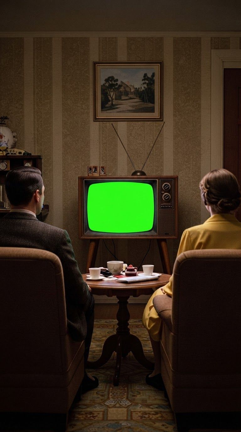 remove the female from the image and put there a man and make the tv screen green