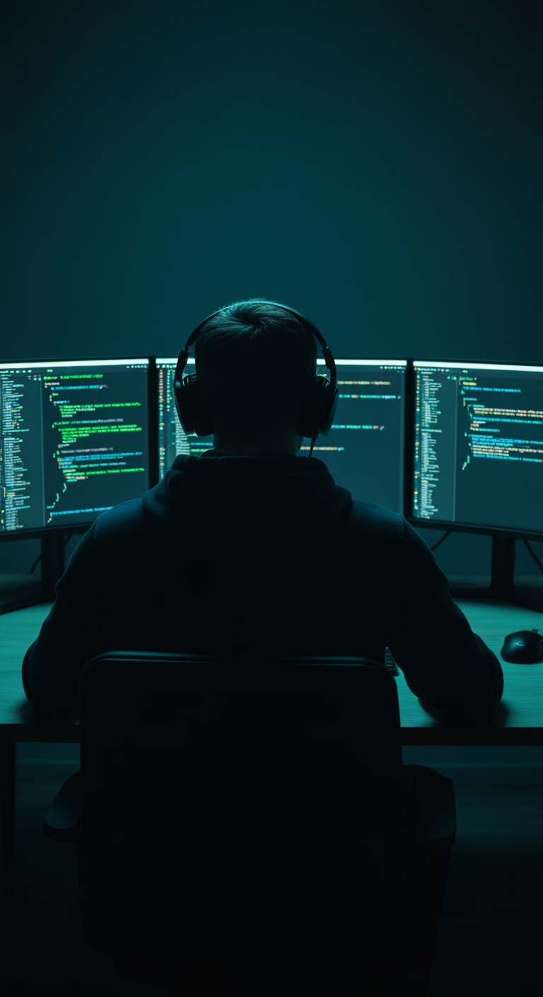 AI Design for "A cinematic wide shot from behind of a young man sitting at a modern desk, working intensely on a computer setup with three curved monitors displaying lines of code in green, blue, and white syntax highlighting. He wears a dark hoodie and over-ear headphones, viewed from directly behind so his face is not visible — only his silhouette and the back of his head are shown. The room is dark and moody, lit primarily by the cool blue glow of the monitor screens, creating dramatic rim lighting on his shoulders and headphones. The desk is minimal light wood, with a wireless mouse and a small desk phone visible. Atmosphere is professional, focused, and tech-noir — evoking a software developer, programmer, or ethical hacker at work late at night. Shallow depth of field, sharp focus on the monitors and silhouette, soft vignette around the edges. Ultra-realistic, high detail, 8K quality, shot on a full-frame camera with a 35mm lens, moody cinematic color grading (teal and dark navy tones)."