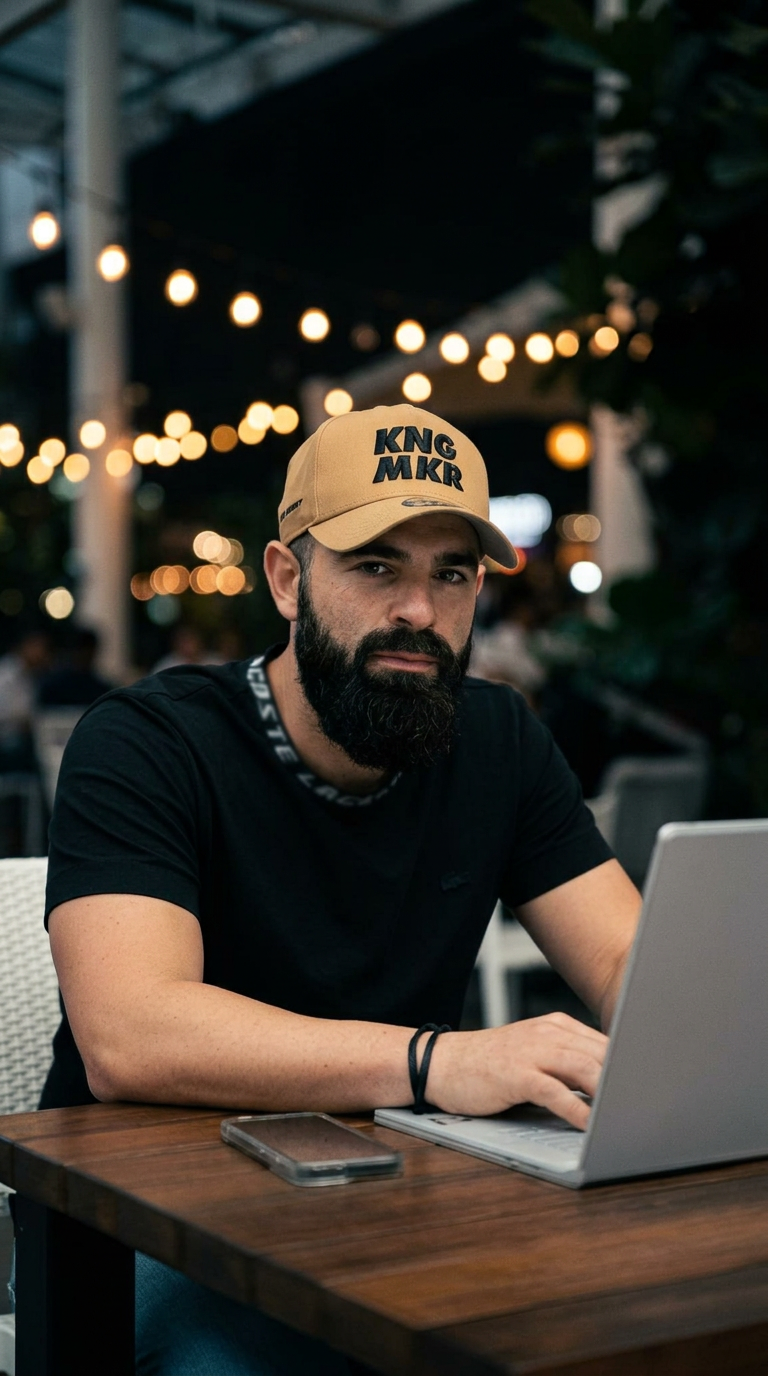 AI Design for "Professional cinematic portrait of a man in his late 20s with a thick black beard, wearing a tan/khaki baseball cap and a black t-shirt, sitting at a wooden table outdoors at night, looking directly at the camera, laptop open in front of him with hands resting on the keyboard, smartphone placed on the table nearby. Background is dark and blurred with warm bokeh lights (string lights, string bulbs, soft orange and green blurred light spots) suggesting a cozy outdoor café or restaurant setting. Shallow depth of field, sharp focus on face and hands, soft natural rim lighting on face, shadows giving depth. Shot on a DSLR with 85mm lens, f/1.8 aperture, premium editorial photography style, high resolution, realistic skin texture, moody and professional atmosphere, 4k, ultra-detailed."