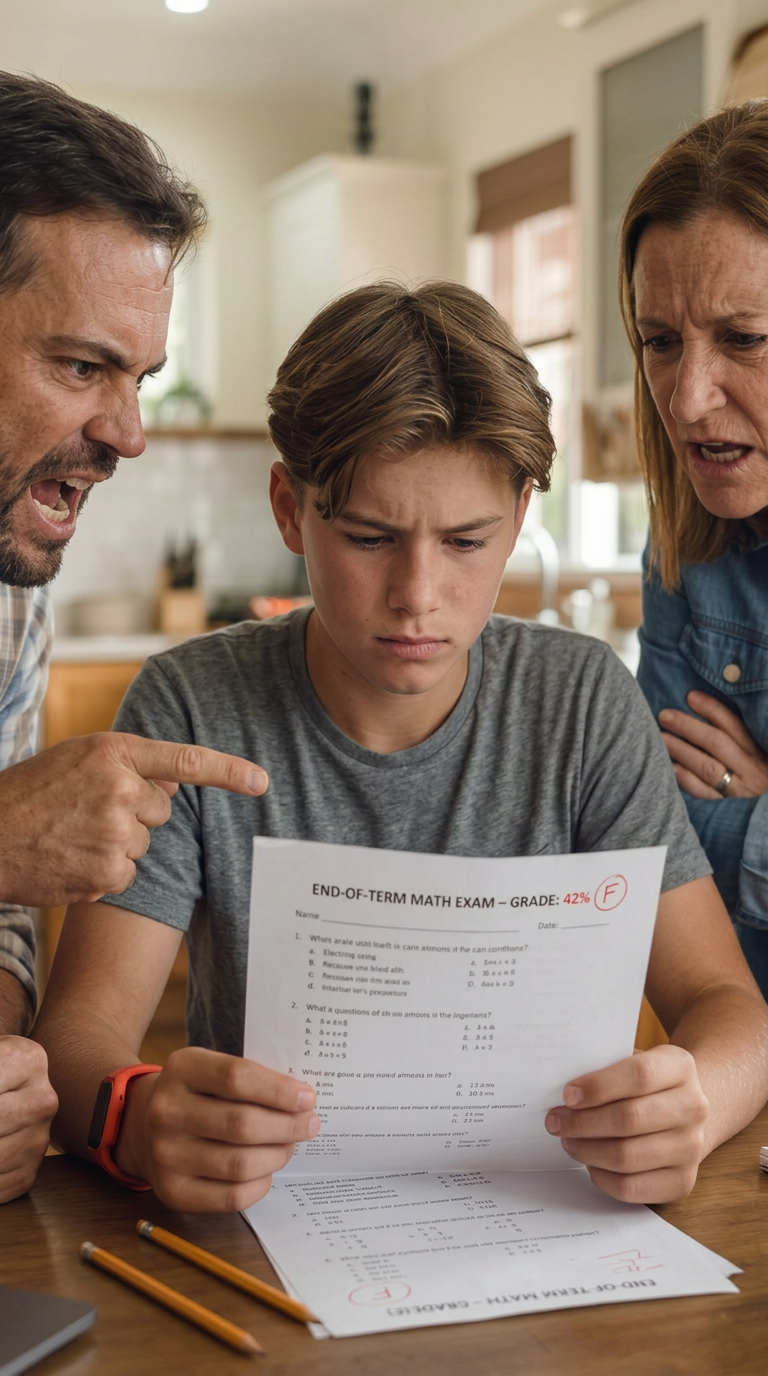 AI Design for make the image like; the boy on this image holding a exam shit pepar on hand and his mother and father from his side saying somthing very angrily,and make the boy age 15-20 retio; short  video retio