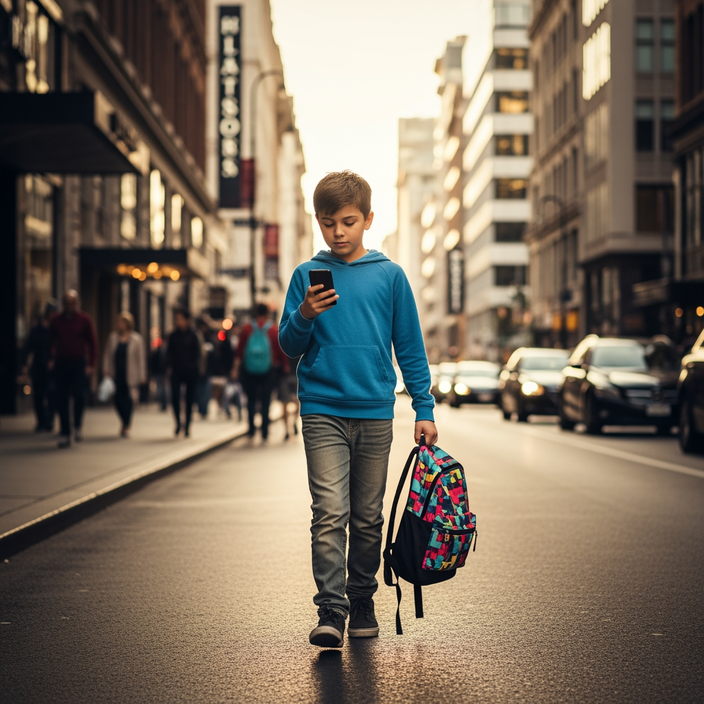 AI Design for a boy using a phone on one hand and holding a bag on another hand