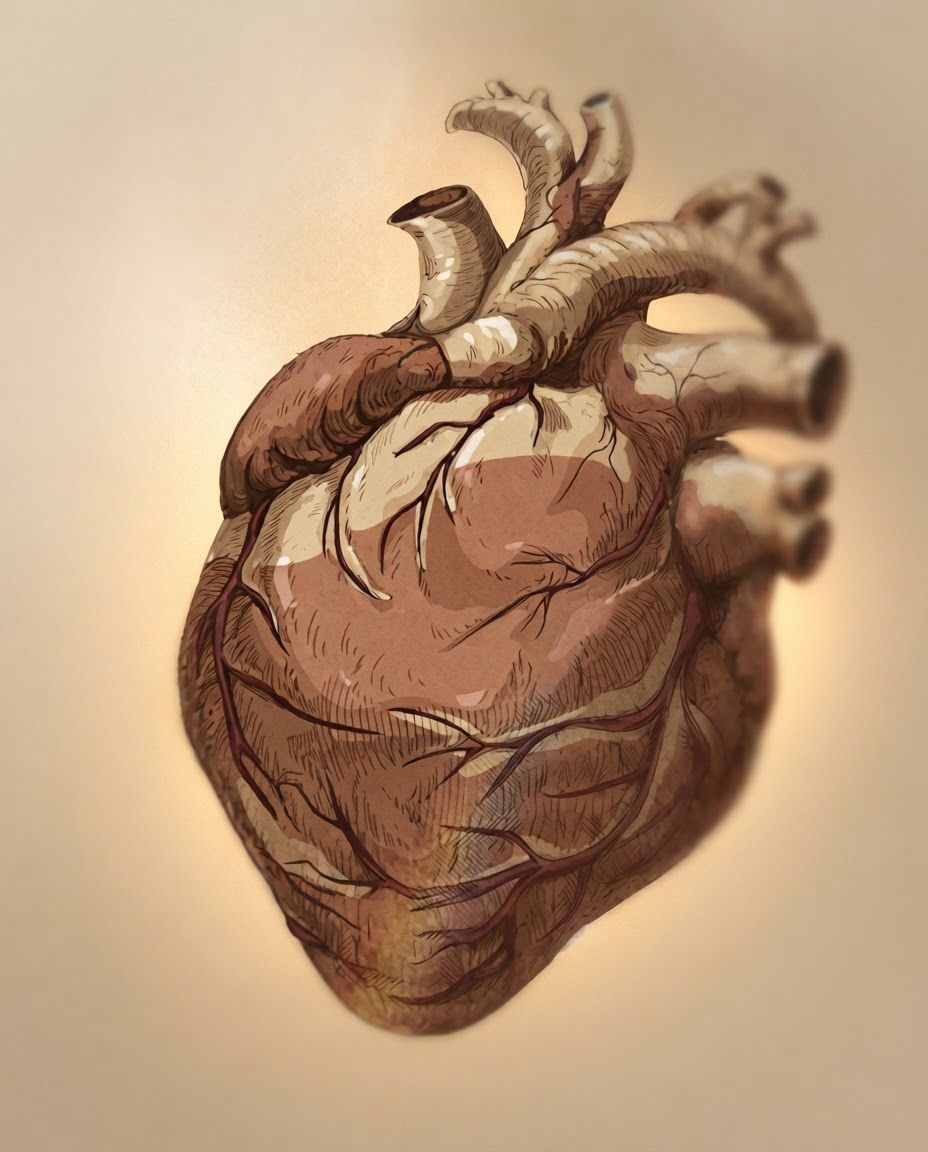 AI Design for A highly detailed vintage anatomical human heart illustration, hand-painted digital art with realistic organic textures, warm brown, burgundy and cream color palette, engraved medical illustration style, soft painterly brush strokes, subtle paper grain, cinematic warm lighting, shallow depth of field, soft blurred edges, premium editorial artwork, elegant beige gradient background, ultra high resolution, realistic veins and arteries, museum-quality anatomy illustration, minimal composition, luxury aesthetic, 8K, sharp focus on the heart, Adobe Illustrator + Procreate style, no text, no watermark.