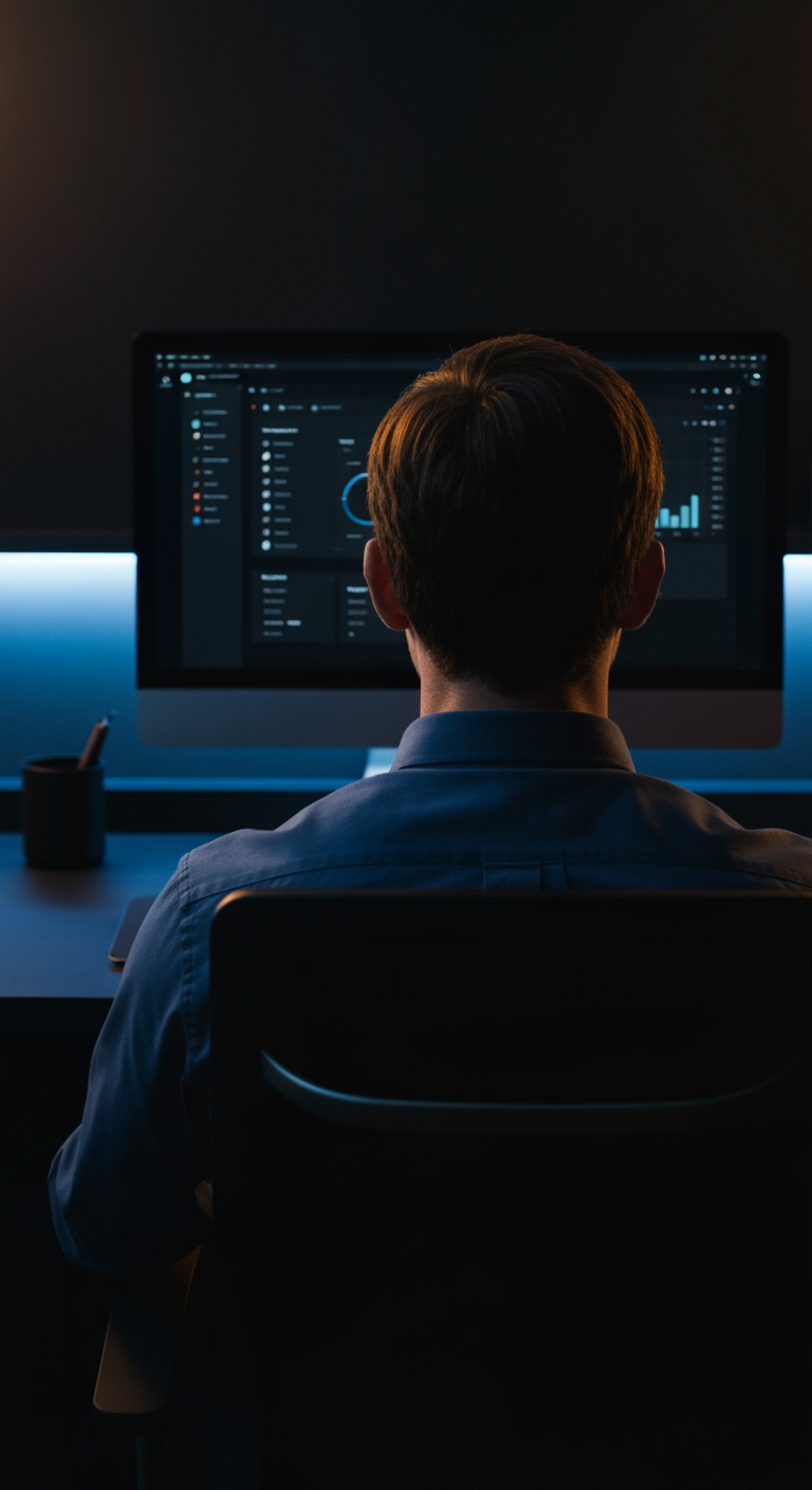 AI Design for A cinematic vertical 9:16 photograph of a young professional man sitting at a modern desk, viewed from behind, looking directly at a large computer monitor. He is wearing a clean dark blue shirt, realistic natural posture, focused on the screen. The computer setup is minimal and premium, with a large monitor displaying a sophisticated dark-themed software dashboard with subtle charts and UI elements. Modern dark workspace, black and charcoal environment, soft blue ambient lighting from the monitor, subtle warm rim light around the subject, realistic shadows, shallow depth of field, cinematic lighting, premium technology advertisement aesthetic, clean composition, highly detailed, photorealistic, professional commercial photography, subtle film grain, realistic skin and hair, no visible logos, no text, no watermark. Camera positioned behind the person at shoulder height, centered composition, subject occupying the lower-middle of the frame, monitor clearly visible above him.