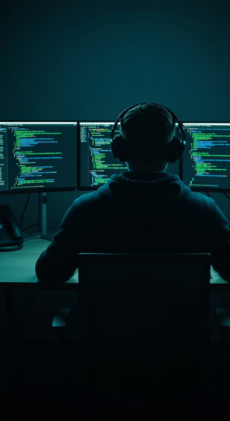 AI Design for "A cinematic wide shot from behind of a young man sitting at a modern desk, working intensely on a computer setup with three curved monitors displaying lines of code in green, blue, and white syntax highlighting. He wears a dark hoodie and over-ear headphones, viewed from directly behind so his face is not visible — only his silhouette and the back of his head are shown. The room is dark and moody, lit primarily by the cool blue glow of the monitor screens, creating dramatic rim lighting on his shoulders and headphones. The desk is minimal light wood, with a wireless mouse and a small desk phone visible. Atmosphere is professional, focused, and tech-noir — evoking a software developer, programmer, or ethical hacker at work late at night. Shallow depth of field, sharp focus on the monitors and silhouette, soft vignette around the edges. Ultra-realistic, high detail, 8K quality, shot on a full-frame camera with a 35mm lens, moody cinematic color grading (teal and dark navy tones)."