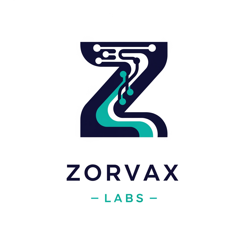 AI Design for Design a premium, world-class logo for "Zorvax Labs", an AI and software technology company.

Create a bold, iconic symbol based on the letter "Z" that is instantly recognizable and memorable. The Z should subtly integrate themes of artificial intelligence, connectivity, data flow, automation, and innovation through elegant geometric design and intelligent negative space.

Avoid generic tech clichés such as gears, robots, brains, hexagons, light bulbs, stock AI icons, or obvious circuit-board graphics. Any technology elements should be minimal, sophisticated, and seamlessly integrated into the Z rather than appearing decorative.

Style requirements:
• Modern SaaS startup aesthetic
• Flat vector design
• Strong geometric construction
• Clean lines and perfect balance
• Premium enterprise feel
• Scalable from favicon to billboard
• Distinct silhouette recognizable at small sizes
• Suitable for website, app icon, LinkedIn, GitHub, and product branding

Typography:
• Custom modern sans-serif wordmark for "Zorvax"
• Minimalist spacing for "LABS"
• Typography should feel as premium as Linear, Stripe, Notion, Anthropic, or Perplexity

Color palette:
• Deep Navy (#0A0F4D)
• Teal (#1FA3A3)
• White background
• Optional monochrome version

Design inspiration:
Linear, Stripe, OpenAI, Nvidia, Anthropic, Perplexity, Datadog, Vercel.

The final logo should feel like a funded AI startup valued at $100M+, emphasizing trust, intelligence, innovation, and technical excellence.