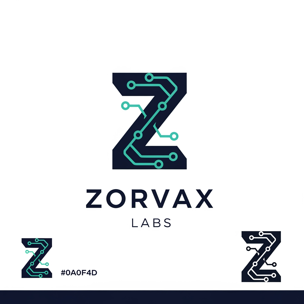 AI Design for Design a premium, world-class logo for "Zorvax Labs", an AI and software technology company.

Create a bold, iconic symbol based on the letter "Z" that is instantly recognizable and memorable. The Z should subtly integrate themes of artificial intelligence, connectivity, data flow, automation, and innovation through elegant geometric design and intelligent negative space.

Avoid generic tech clichés such as gears, robots, brains, hexagons, light bulbs, stock AI icons, or obvious circuit-board graphics. Any technology elements should be minimal, sophisticated, and seamlessly integrated into the Z rather than appearing decorative.

Style requirements:
• Modern SaaS startup aesthetic
• Flat vector design
• Strong geometric construction
• Clean lines and perfect balance
• Premium enterprise feel
• Scalable from favicon to billboard
• Distinct silhouette recognizable at small sizes
• Suitable for website, app icon, LinkedIn, GitHub, and product branding

Typography:
• Custom modern sans-serif wordmark for "Zorvax"
• Minimalist spacing for "LABS"
• Typography should feel as premium as Linear, Stripe, Notion, Anthropic, or Perplexity

Color palette:
• Deep Navy (#0A0F4D)
• Teal (#1FA3A3)
• White background
• Optional monochrome version

Design inspiration:
Linear, Stripe, OpenAI, Nvidia, Anthropic, Perplexity, Datadog, Vercel.

The final logo should feel like a funded AI startup valued at $100M+, emphasizing trust, intelligence, innovation, and technical excellence.