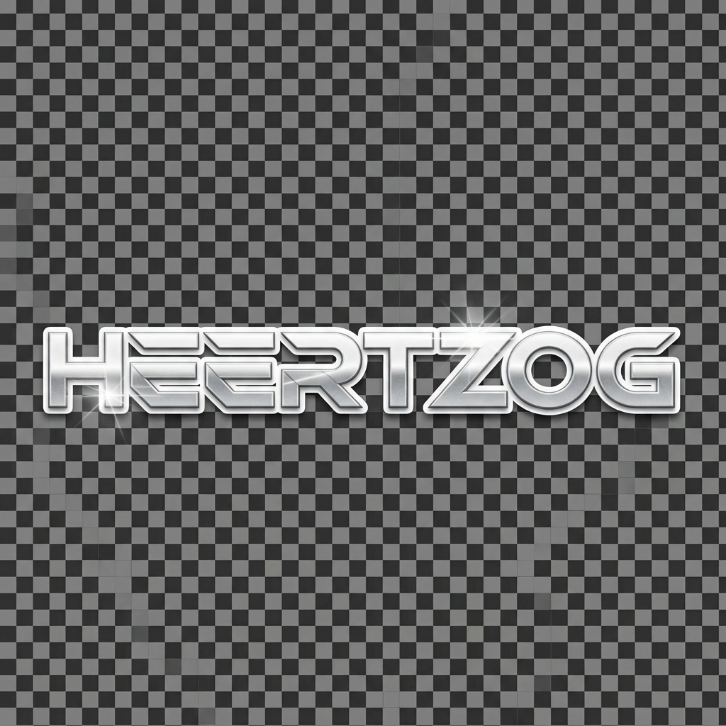 AI Design for make a logo with transparent background for the name HEERTZOG in a cool futuristic white silver color