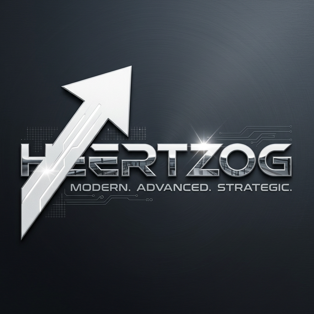 AI Design for can you make a great logo for the name HEERTZOG in a futuristic modern style white big arrow on the H letter and white silver color