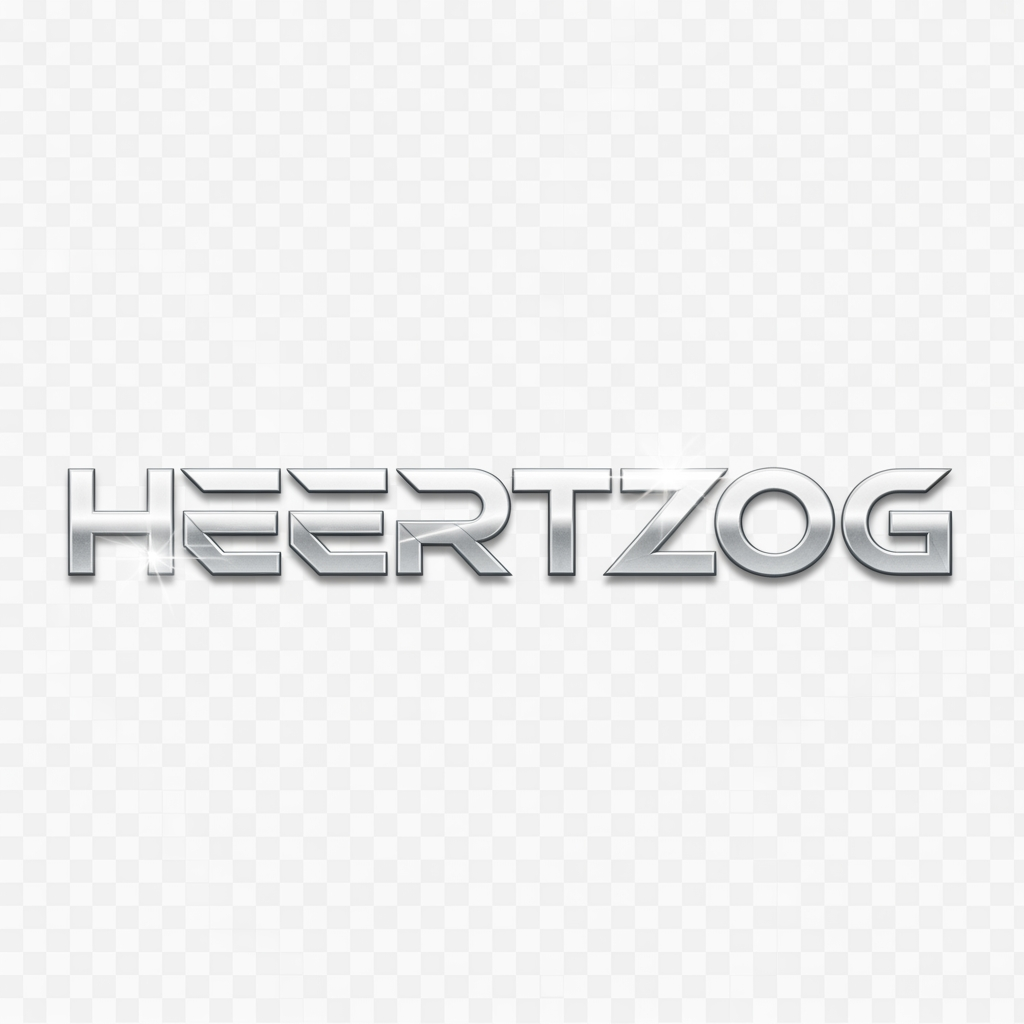 AI Design for make a logo with transparent background for the name HEERTZOG in a cool futuristic white silver color