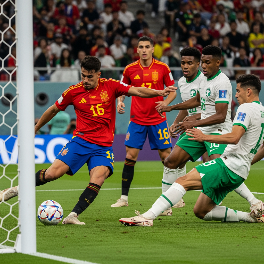 AI Design for Generate an ultra-realistic FIFA World Cup 2026 match scene showing Spain attacking against Saudi Arabia. A Spanish player is striking the ball while teammates make runs into the box. Saudi Arabian defenders are trying to stop the attack. The stadium is packed with fans waving Spanish and Saudi flags under bright floodlights. Capture the intensity, speed, and drama of a World Cup match with realistic player details, motion blur, vibrant colors, and a cinematic atmosphere. The stadium scoreboard displays Spain 4-0 Saudi Arabia and Group H. Professional sports photography, 8K resolution, highly detailed, no extra text or graphics.