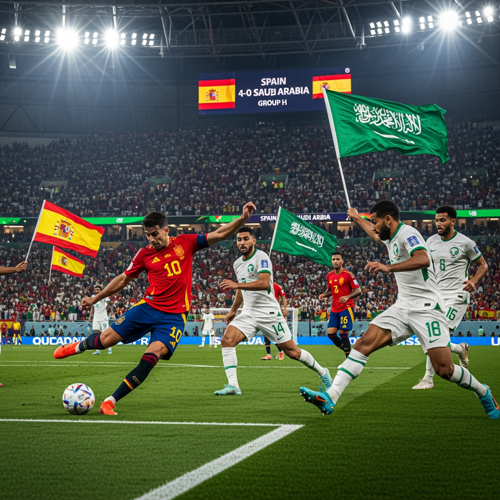 AI Design for Generate an ultra-realistic FIFA World Cup 2026 match scene showing Spain attacking against Saudi Arabia. A Spanish player is striking the ball while teammates make runs into the box. Saudi Arabian defenders are trying to stop the attack. The stadium is packed with fans waving Spanish and Saudi flags under bright floodlights. Capture the intensity, speed, and drama of a World Cup match with realistic player details, motion blur, vibrant colors, and a cinematic atmosphere. The stadium scoreboard displays Spain 4-0 Saudi Arabia and Group H. Professional sports photography, 8K resolution, highly detailed, no extra text or graphics.