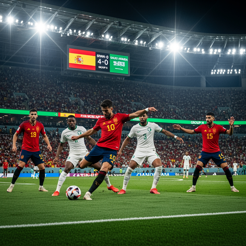 AI Design for Generate an ultra-realistic FIFA World Cup 2026 match scene showing Spain attacking against Saudi Arabia. A Spanish player is striking the ball while teammates make runs into the box. Saudi Arabian defenders are trying to stop the attack. The stadium is packed with fans waving Spanish and Saudi flags under bright floodlights. Capture the intensity, speed, and drama of a World Cup match with realistic player details, motion blur, vibrant colors, and a cinematic atmosphere. The stadium scoreboard displays Spain 4-0 Saudi Arabia and Group H. Professional sports photography, 8K resolution, highly detailed, no extra text or graphics.