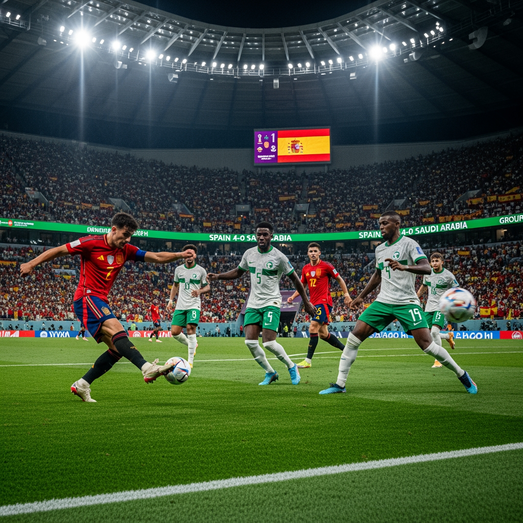 AI Design for Generate an ultra-realistic FIFA World Cup 2026 match scene showing Spain attacking against Saudi Arabia. A Spanish player is striking the ball while teammates make runs into the box. Saudi Arabian defenders are trying to stop the attack. The stadium is packed with fans waving Spanish and Saudi flags under bright floodlights. Capture the intensity, speed, and drama of a World Cup match with realistic player details, motion blur, vibrant colors, and a cinematic atmosphere. The stadium scoreboard displays Spain 4-0 Saudi Arabia and Group H. Professional sports photography, 8K resolution, highly detailed, no extra text or graphics.