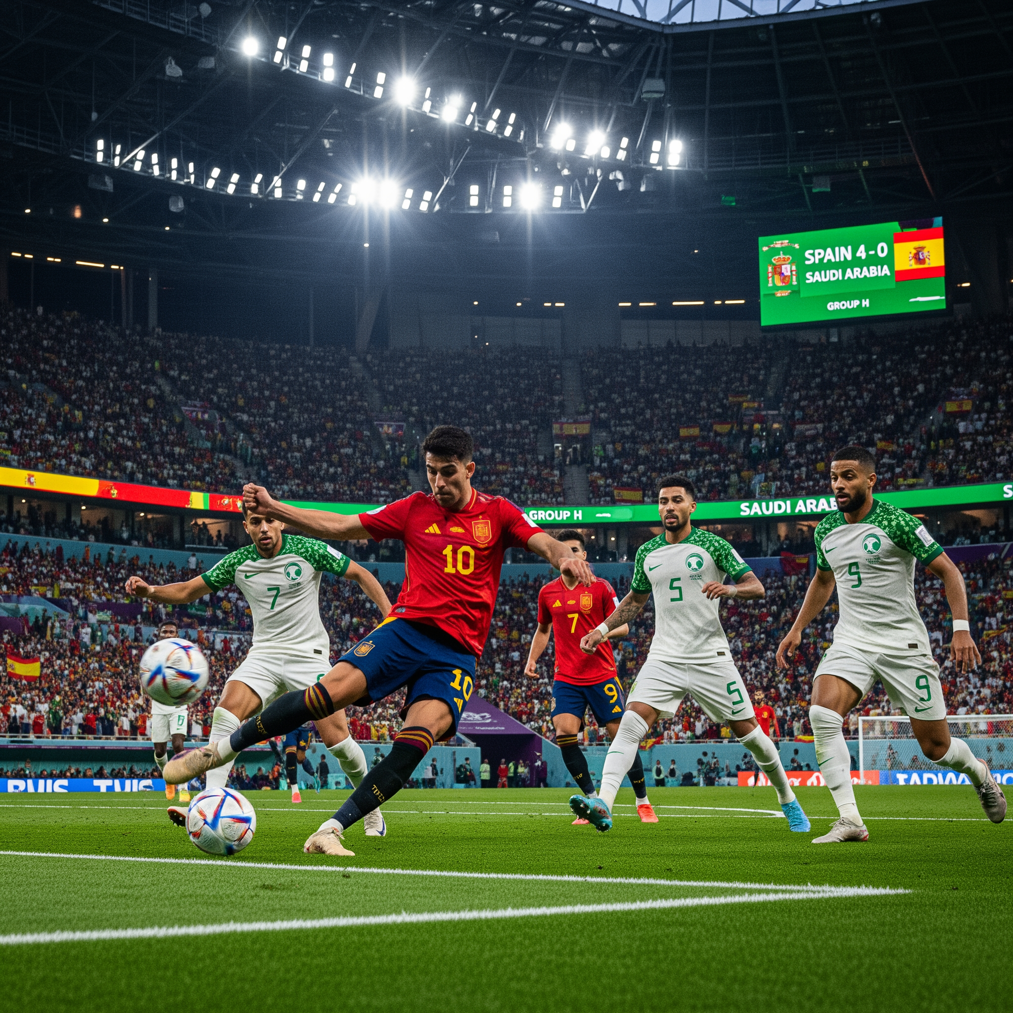 AI Design for Generate an ultra-realistic FIFA World Cup 2026 match scene showing Spain attacking against Saudi Arabia. A Spanish player is striking the ball while teammates make runs into the box. Saudi Arabian defenders are trying to stop the attack. The stadium is packed with fans waving Spanish and Saudi flags under bright floodlights. Capture the intensity, speed, and drama of a World Cup match with realistic player details, motion blur, vibrant colors, and a cinematic atmosphere. The stadium scoreboard displays Spain 4-0 Saudi Arabia and Group H. Professional sports photography, 8K resolution, highly detailed, no extra text or graphics.