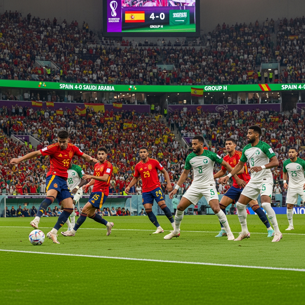 AI Design for Generate an ultra-realistic FIFA World Cup 2026 match scene showing Spain attacking against Saudi Arabia. A Spanish player is striking the ball while teammates make runs into the box. Saudi Arabian defenders are trying to stop the attack. The stadium is packed with fans waving Spanish and Saudi flags under bright floodlights. Capture the intensity, speed, and drama of a World Cup match with realistic player details, motion blur, vibrant colors, and a cinematic atmosphere. The stadium scoreboard displays Spain 4-0 Saudi Arabia and Group H. Professional sports photography, 8K resolution, highly detailed, no extra text or graphics.